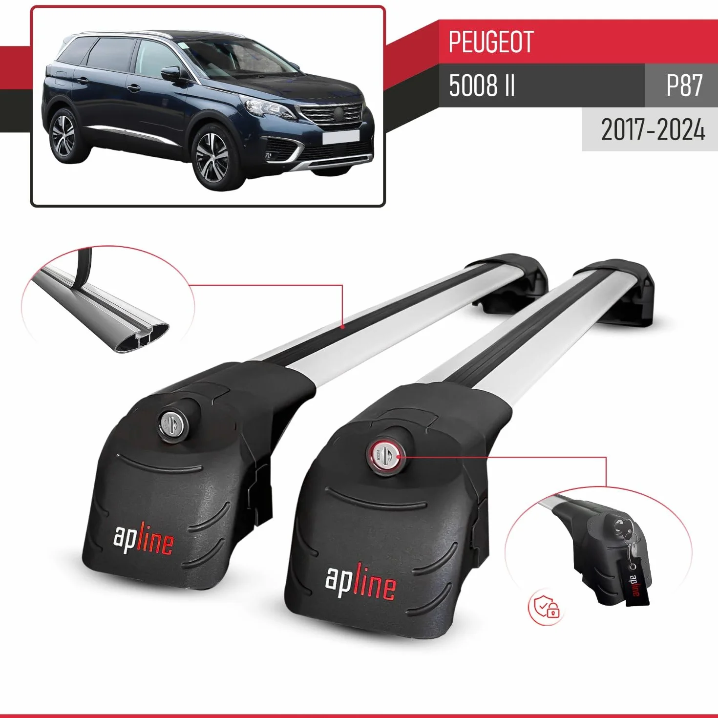 Compatibile con Peugeot 5008 II (P87) 2017-2024 Ace-2 Barre Tetto Portapacchi Auto Barre Portatutto Grigo Alluminio 2 Barre