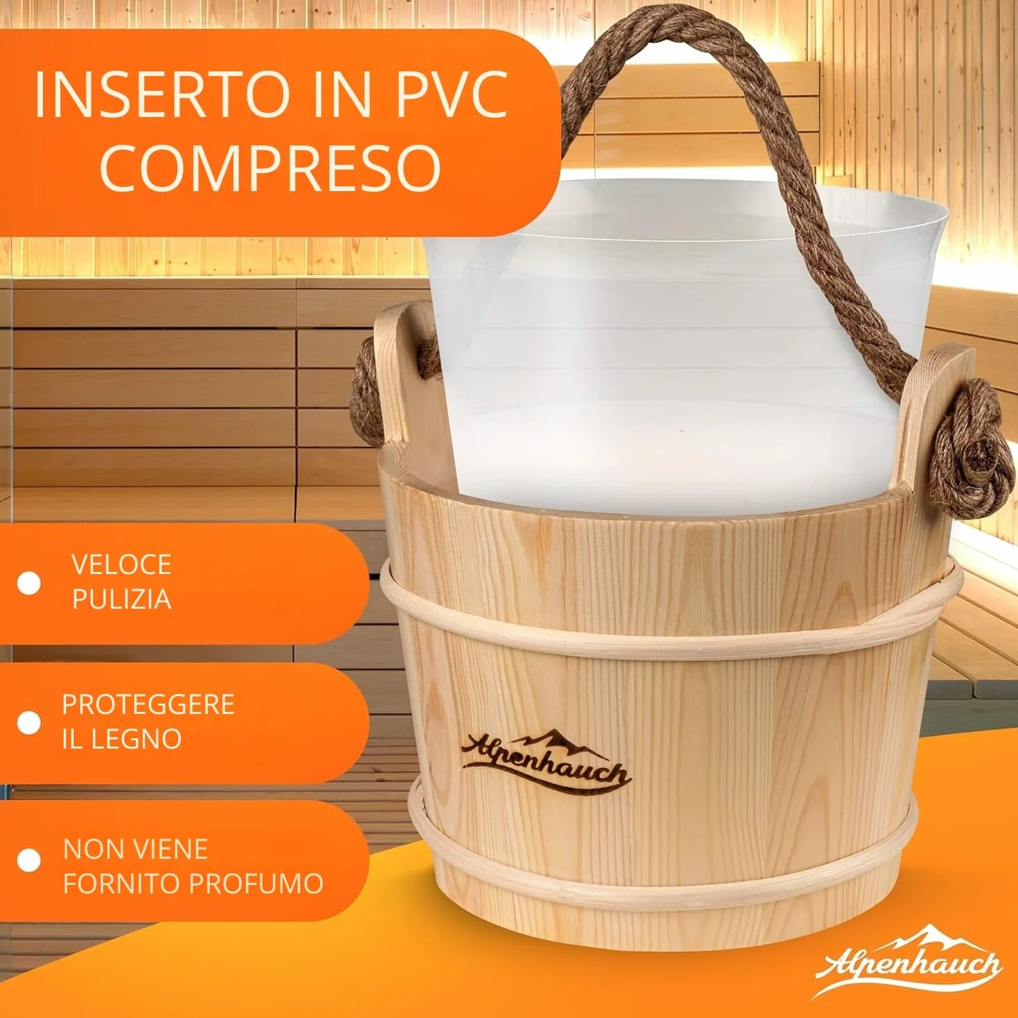ALPENHAUCH Secchio per sauna con cazzuola legno naturale, set accessori durevoli per infusione