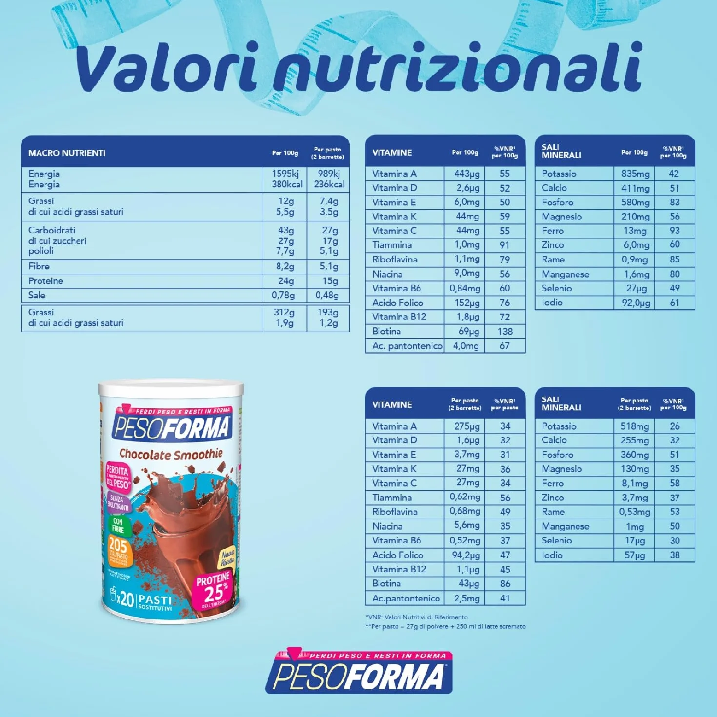 PESOFORMA CHOCO SMOOTHIE, Pasto Sostitutivo per il Controllo del Peso, 20 pasti, 540 gr