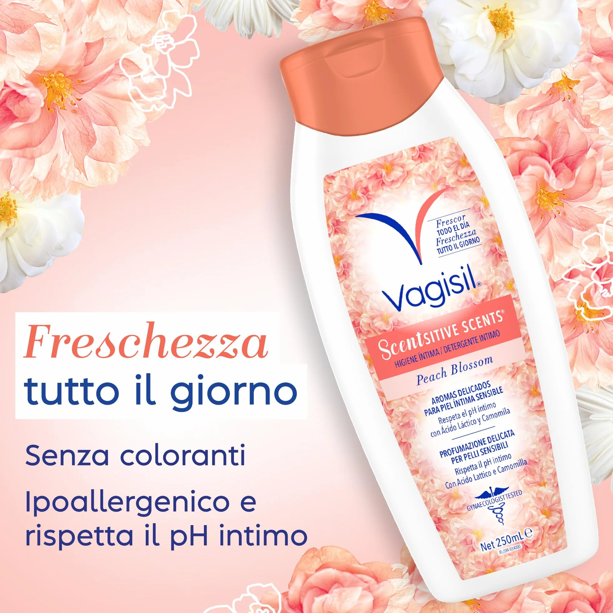 Vagisil Detergente Intimo Donna Scentsitive Ai Fiori di Pesco, Igiene Intima, Rispetta Il pH Intimo, 250 ml