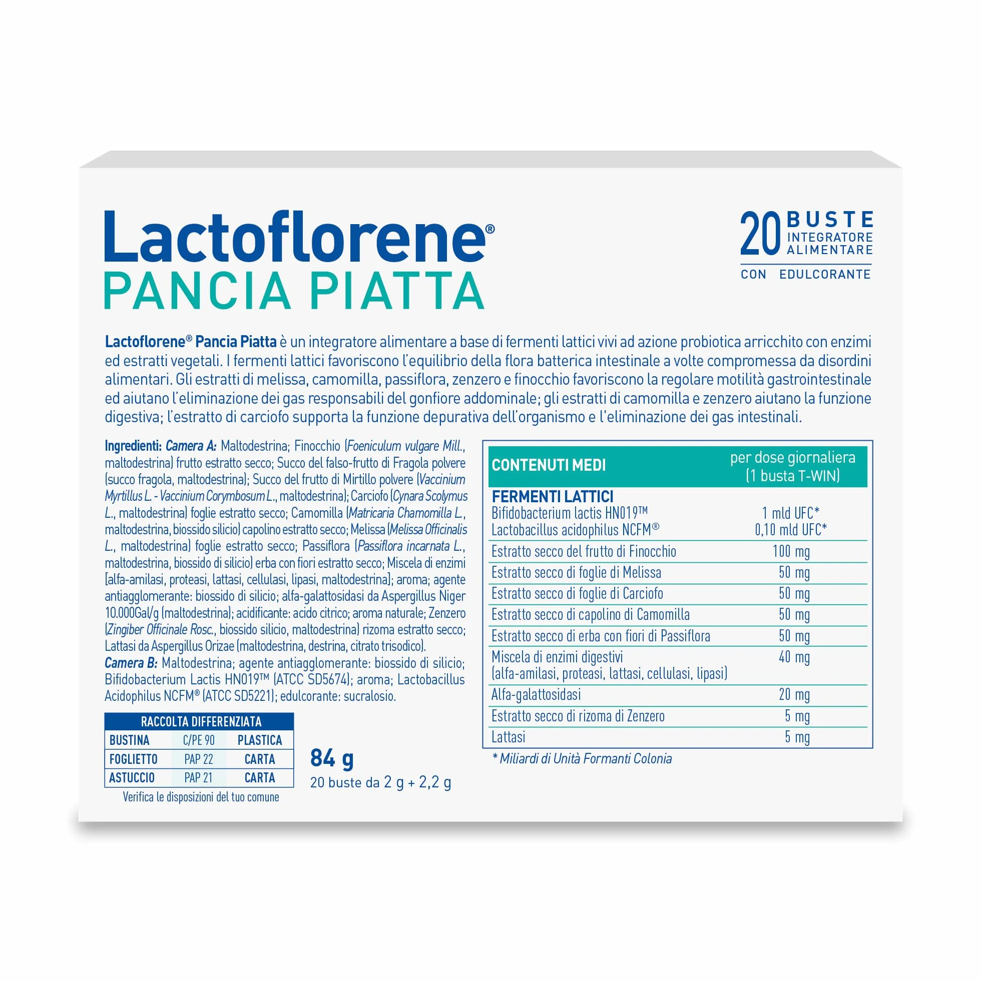 Lactoflorene Pancia Piatta Fermenti Lattici Probiotici Senza Glutine Senza Lattosio Integratore 20 Bustine