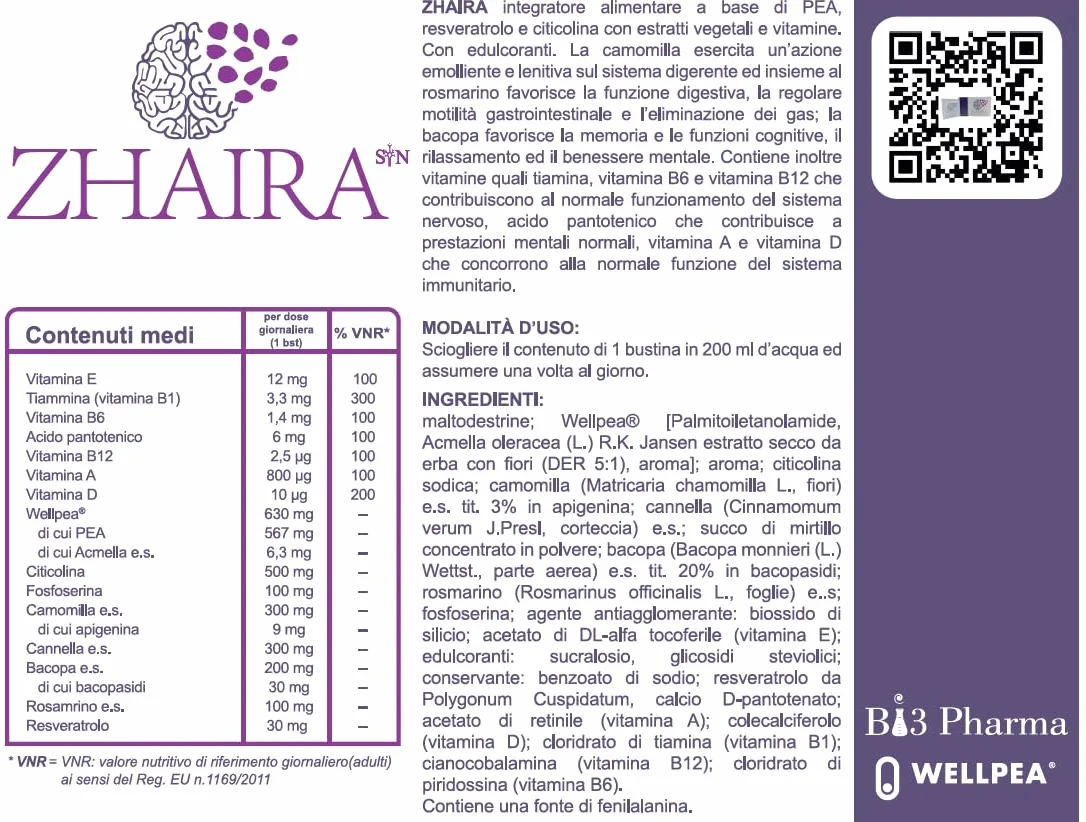 Zhaira Syn Wellpea integratore memoria Colina PEA Acmella Bacopa Vit.D fosfoserina 30 bustine 4g