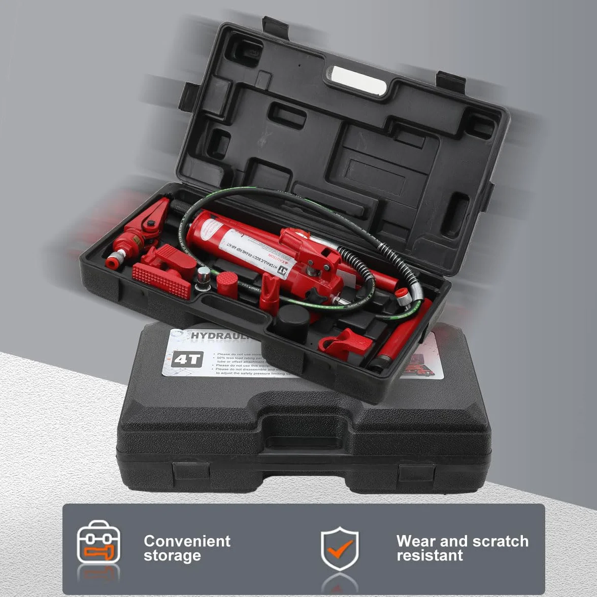 4 TON Pompa Idraulica Manuale per Carrozzeria, Kit di Martinetto Idraulico Sollevatore Pompa per Riparazione Auto Carico con Custodia, Corsa da 125 mm