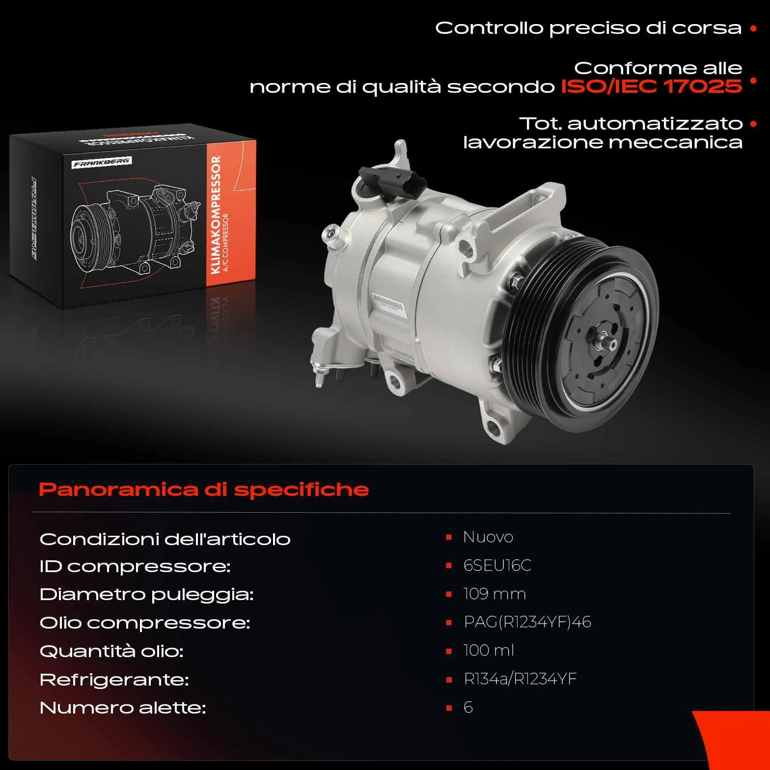 Frankberg Compressore aria condizionata con frizione Compatibile 208 I CA CC C3 II SC 2008 I CU DS3 SA SB ACP1591000S