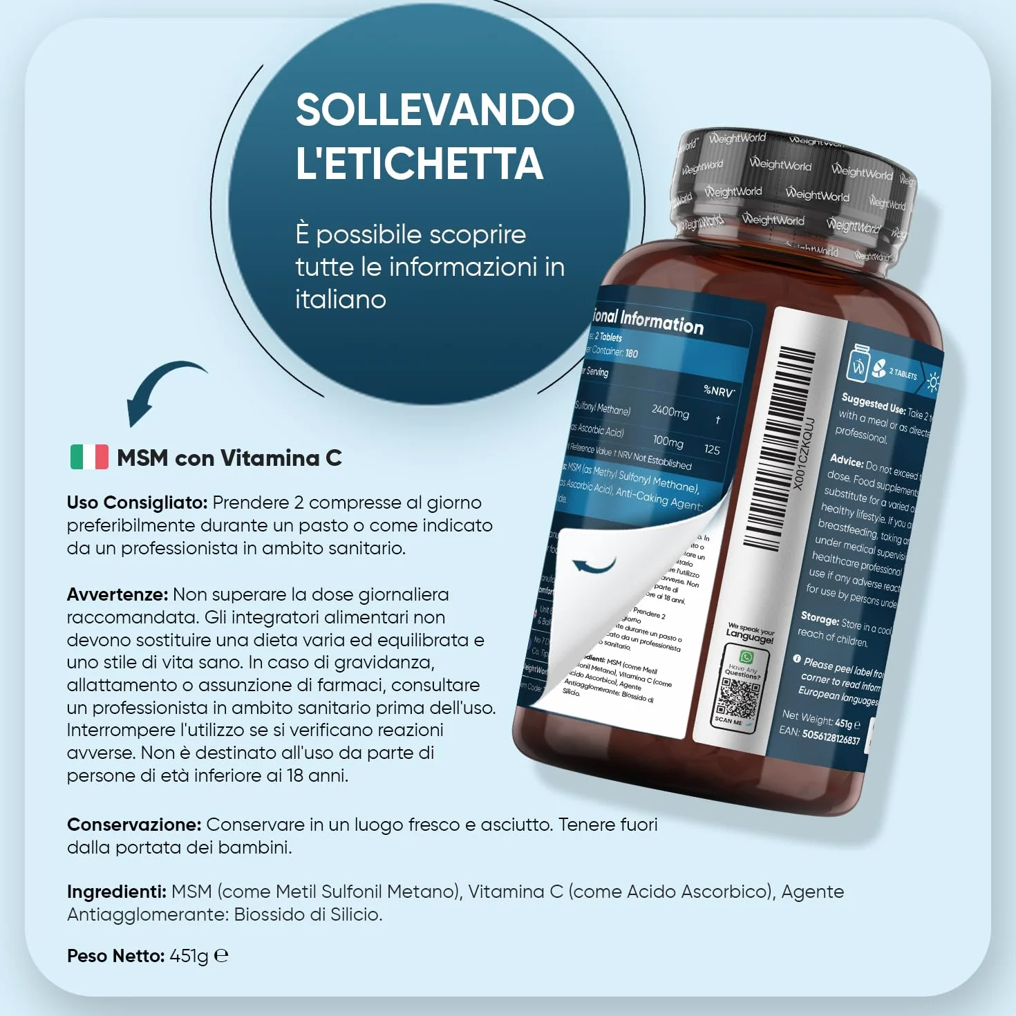 MSM Integratore 2500mg 360 Compresse Vitamina C Metilsulfonilmetano Vegano Senza Glutine