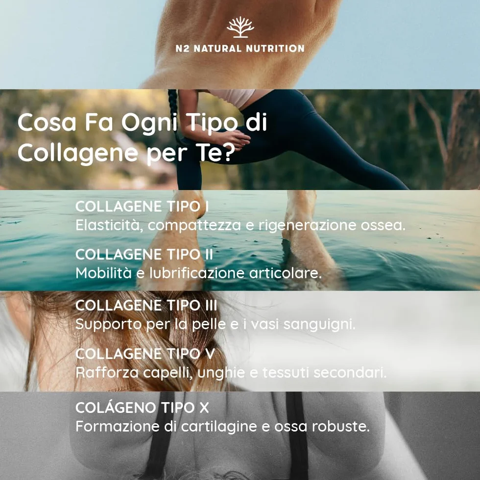 N2 Natural Nutrition Multi Collagene Idrolizzato 1650mg Peptidi di Collagene Marino e Bovino Tipo 1 2 3 5 10 Integratore Articolazioni Pelle Ossa Vitamina C 180 Capsule