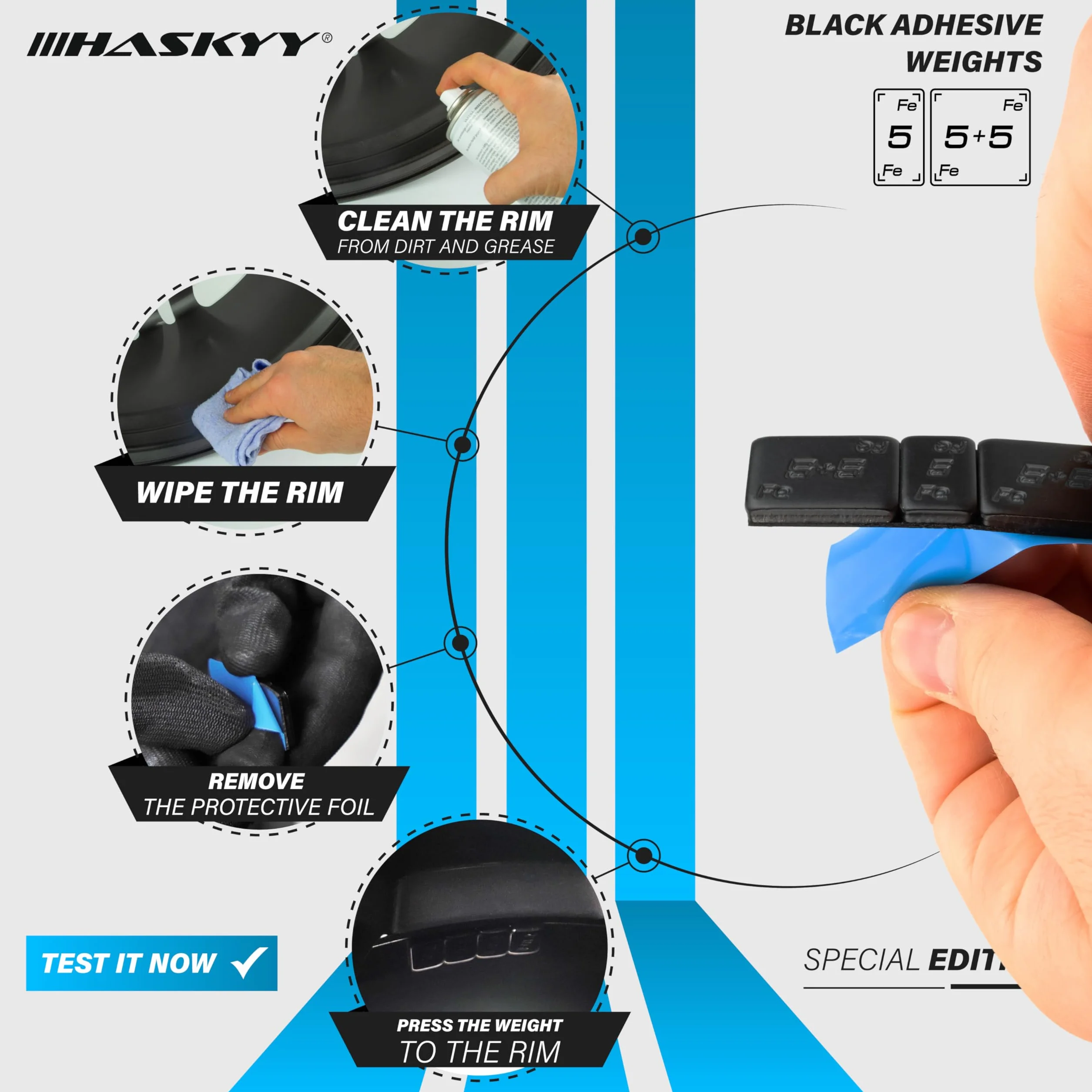 HASKYY 100x Pesi equilibratura 6KG Nero 4x5g + 4x10g Pesi Adesivi in Acciaio Striscia Adesiva 60g con Bordo di Uscita zincato & Rivestito plastica