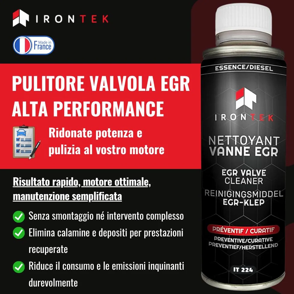 IRONTEK Pulitore Valvola EGR Diesel e Benzina 300ml | IT224 | Senza Smontaggio | Elimina Calamine e Depositi | Uso Preventivo e Curativo