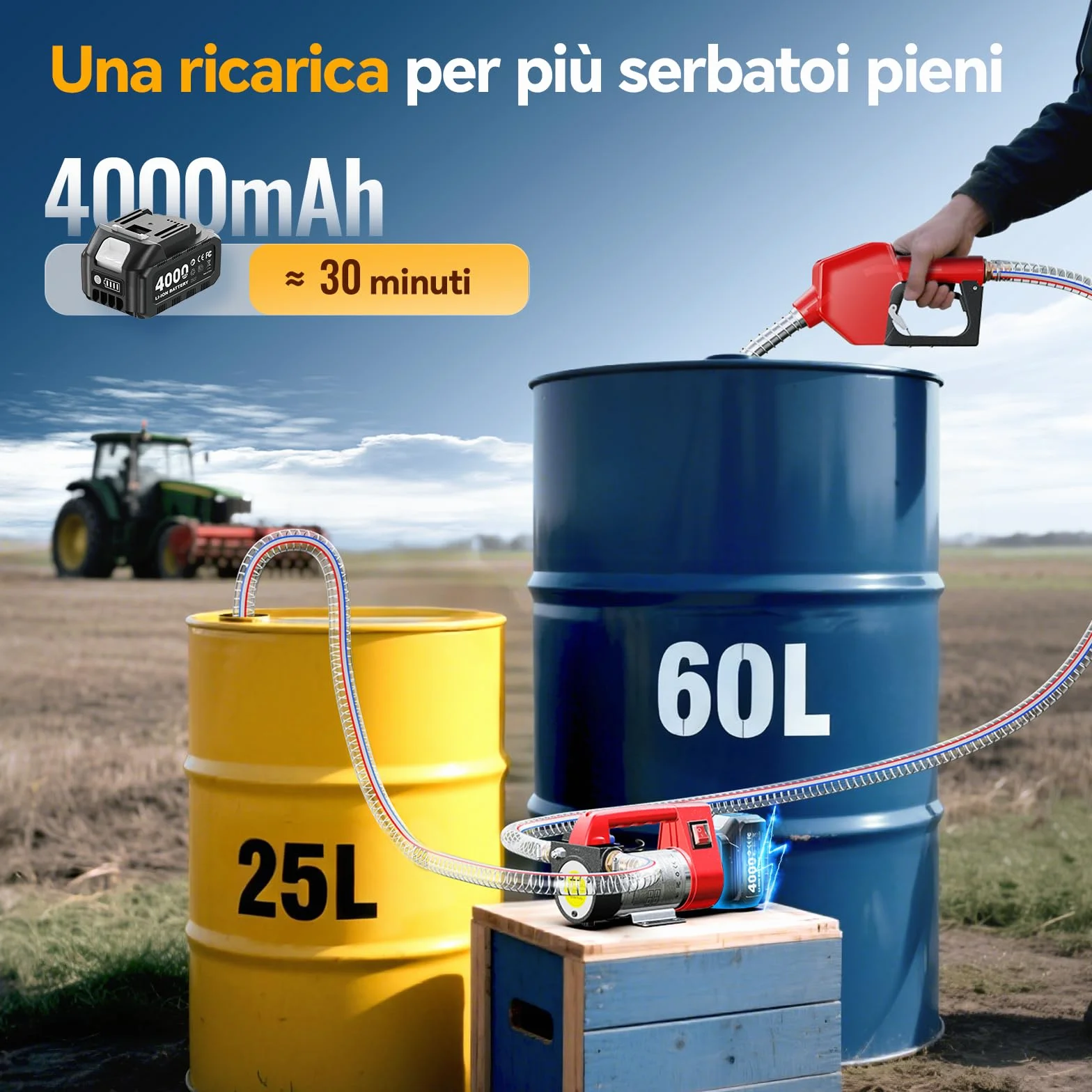 Taskstar Pompa Travaso Gasolio a Batteria 45L/min 21V Set con Batteria 4,0Ah Portatile