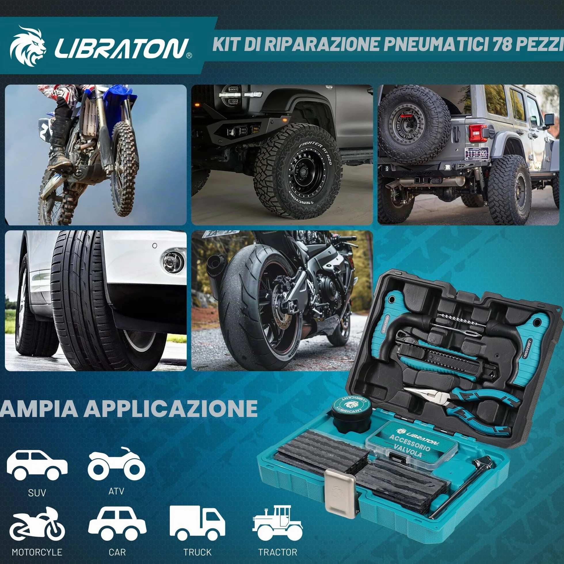 Libraton Kit Riparazione Pneumatici Auto Professionale per Fori e Puncture Tubeless