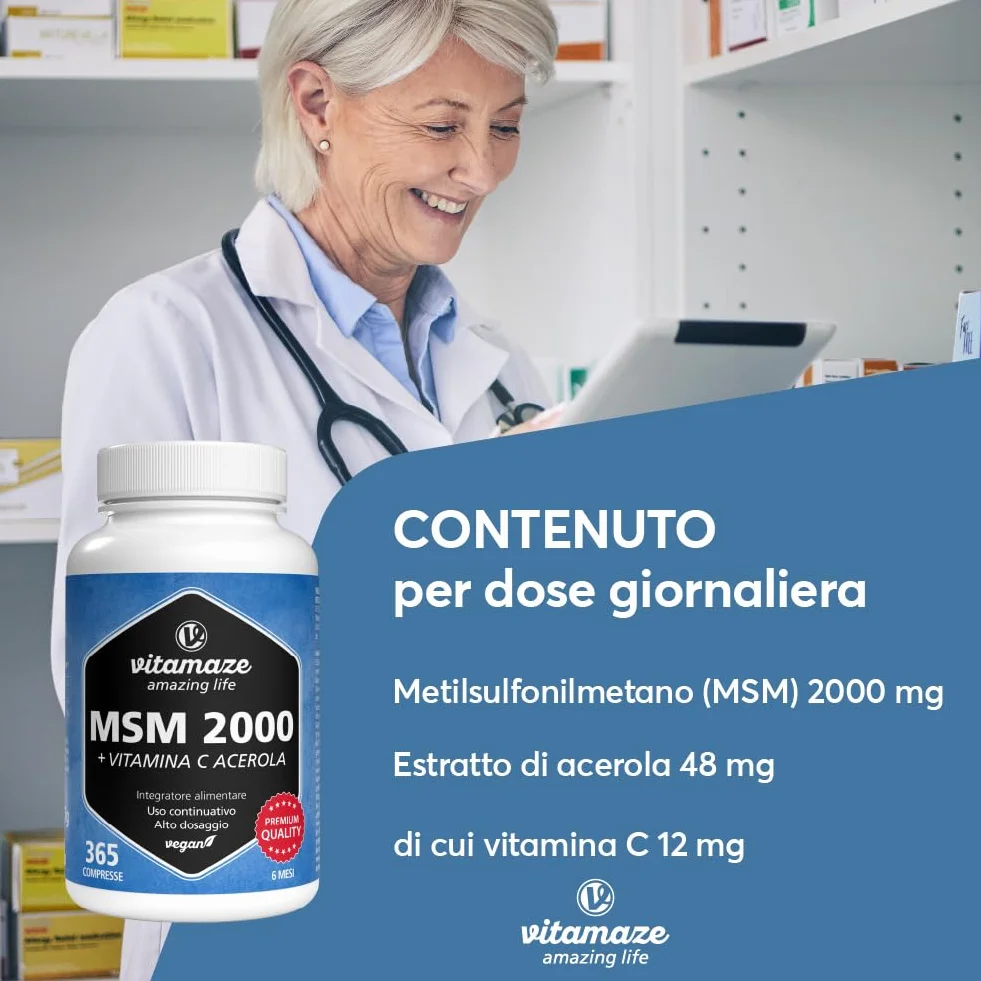Vitamaze® MSM 2.000 mg Integratore Capelli e Ossa 360 Capsule Metilsulfonilmetano Puro al 99,9%