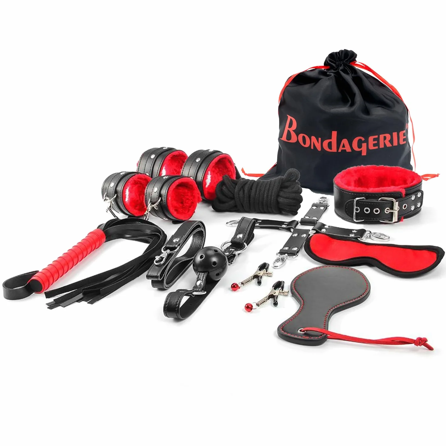 BONDAGERIE® Kit Accessori Completo da 10 pezzi, Manette Cavigliere Corda Collare guinzaglio Frustino