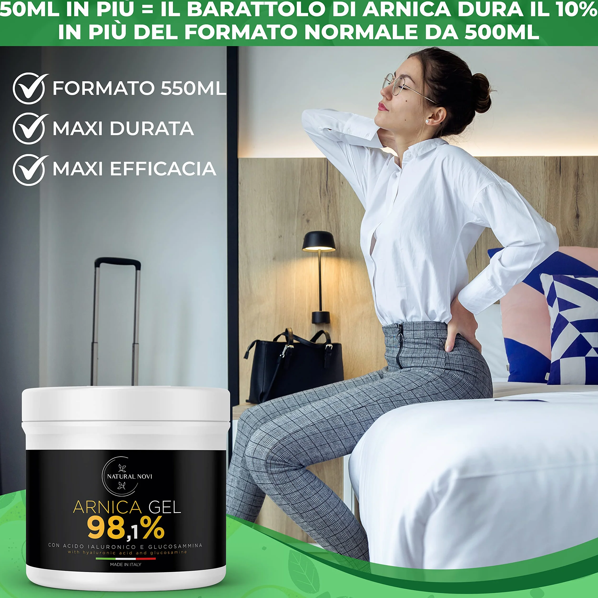 Arnica per Cavalli Uso Umano 98,1% 550ml con Acido Ialuronico, Glucosamina, Menta, Lavanda