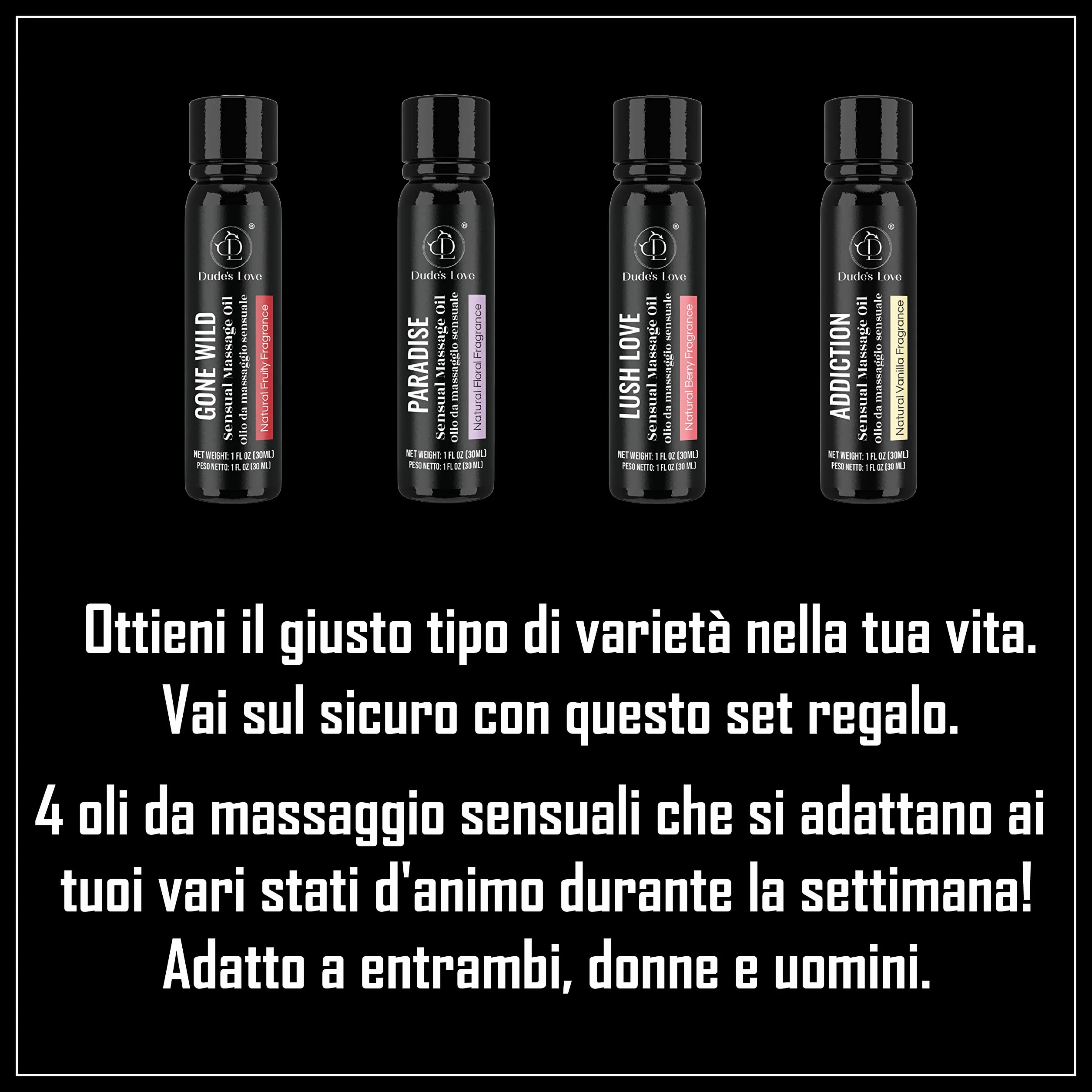 Set regalo olio da massaggio sensuale commestibile aromatico per tutto il corpo 120 ml