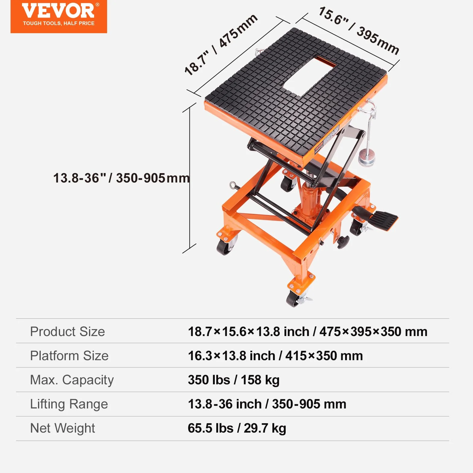 VEVOR Ponte Sollevatore Idraulico a Forbice per Moto da Officina Capacità Max. 158kg Altezza Regolabile 34-90,5 cm, Ponte Sollevatore Alzamoto da Officina Operazione Idraulica Piattaforma 41,5 x 35 cm