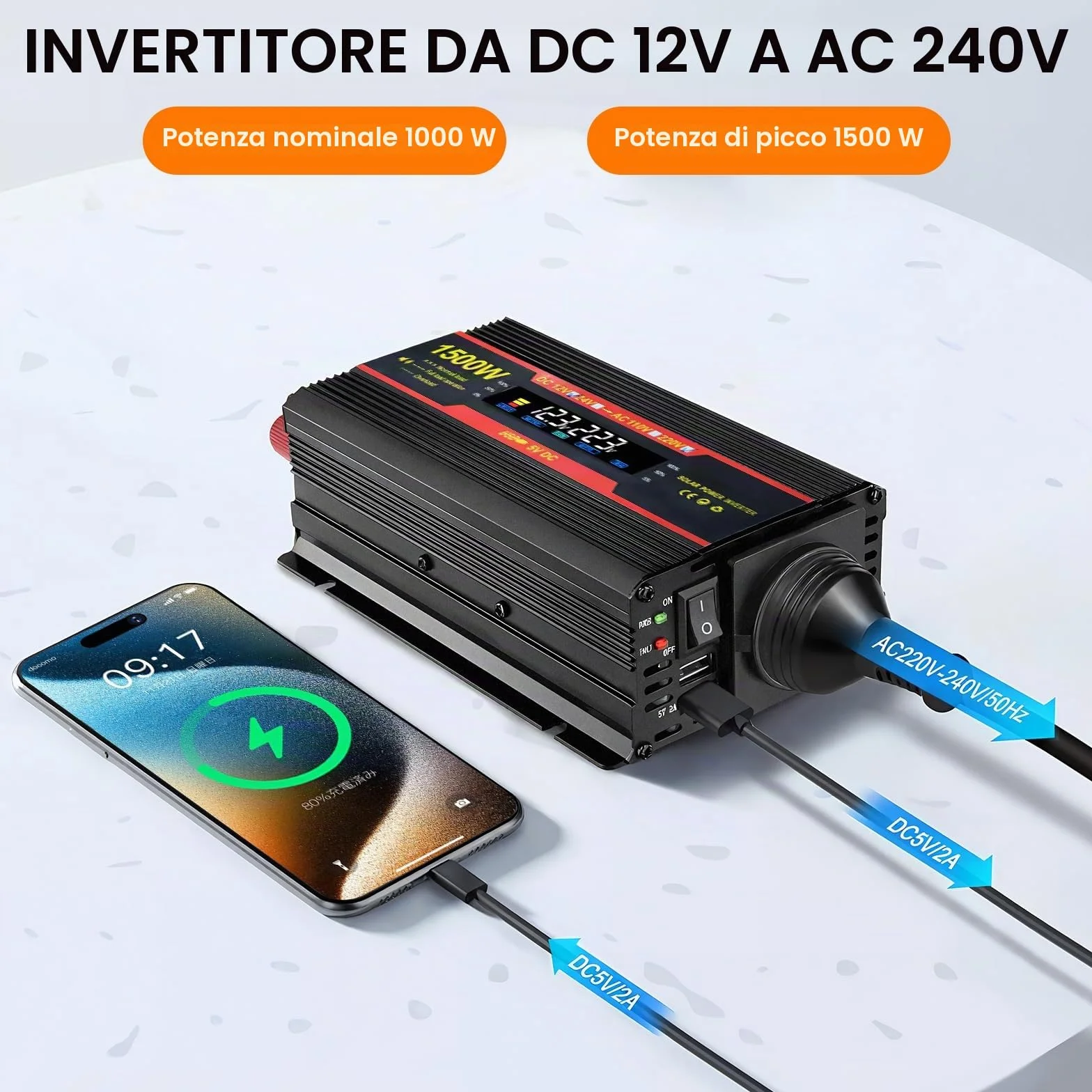 Convertitore di Tensione 1500W 12V 220V con 2 Porte USB per Auto Camper