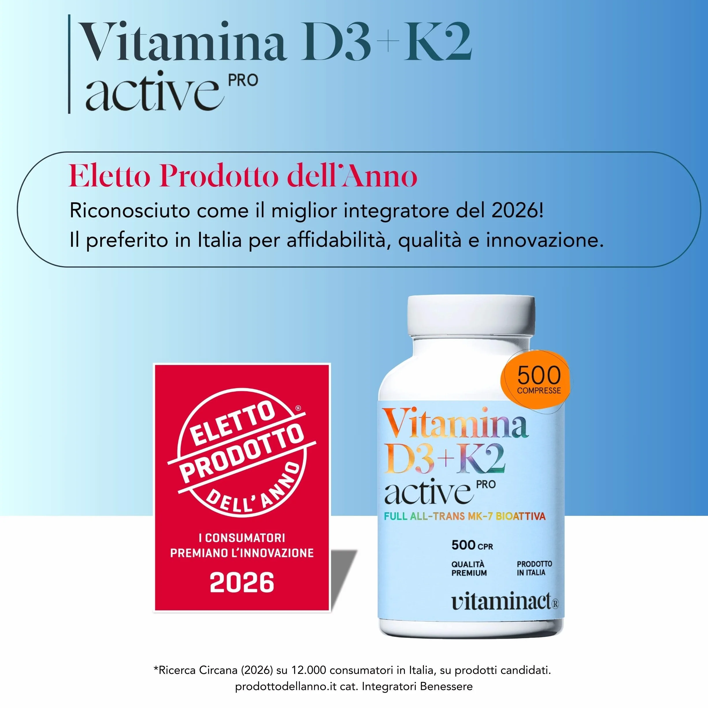 Vitamina D3 K2 500 Microcompresse – 2000 UI a Compressa, K2 MK7, Senza Biossido di Silice