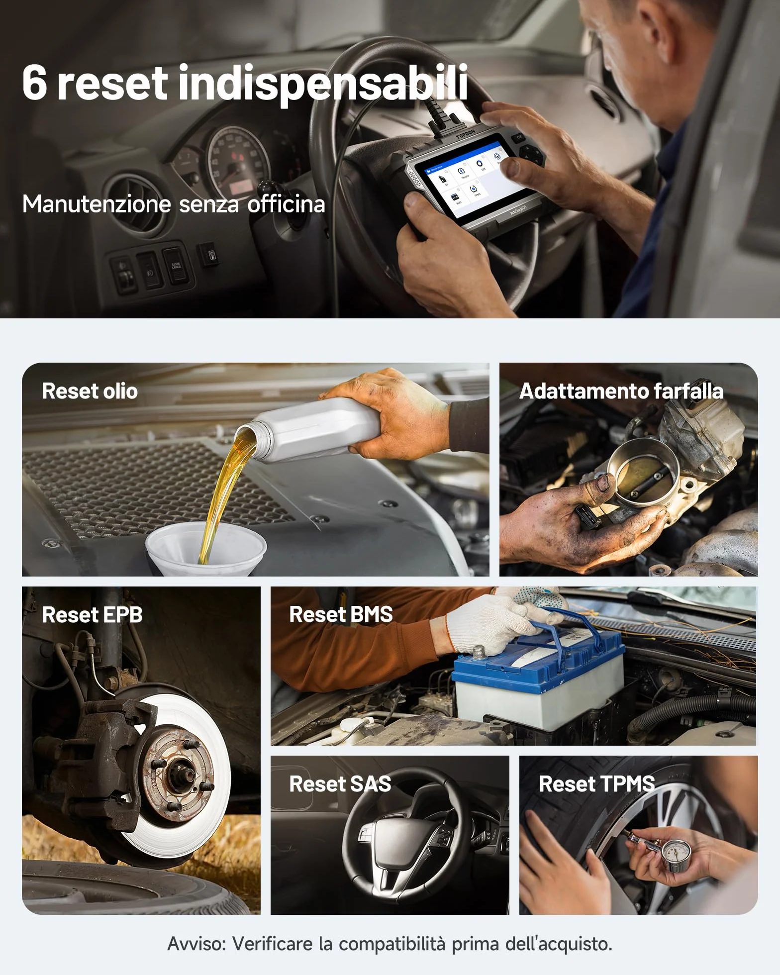 TOPDON AD500 OBD2 Diagnostica Auto Professionale 4 Sistemi Motore ABS SRS Cambio 6 Funzioni Reset