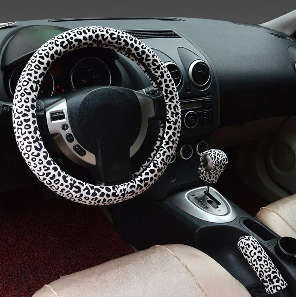 Coprivolanti 3 in 1 morbido leopardato per auto impugnatura freno a mano copri leva cambio corto caldo invernale per donna (Standard,bianco)