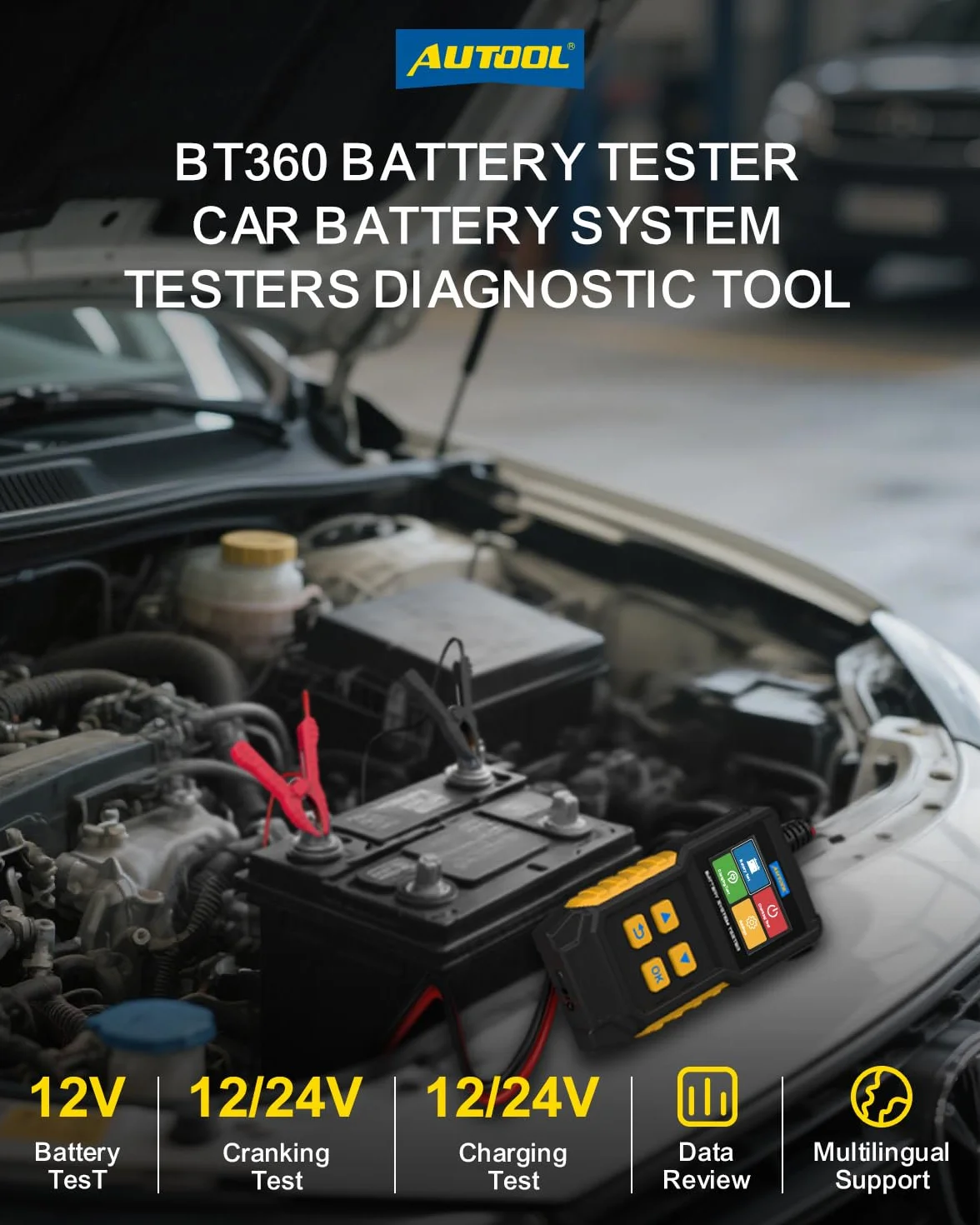 AUTOOL Tester Batteria Auto 12V 24V, 30-2000 CCA Tester Batterie Sistema di Ricarica, Strumento di Test Alternatore Auto Analizzatore Batteria Digitale per Moto, SUV, ATV, Barche
