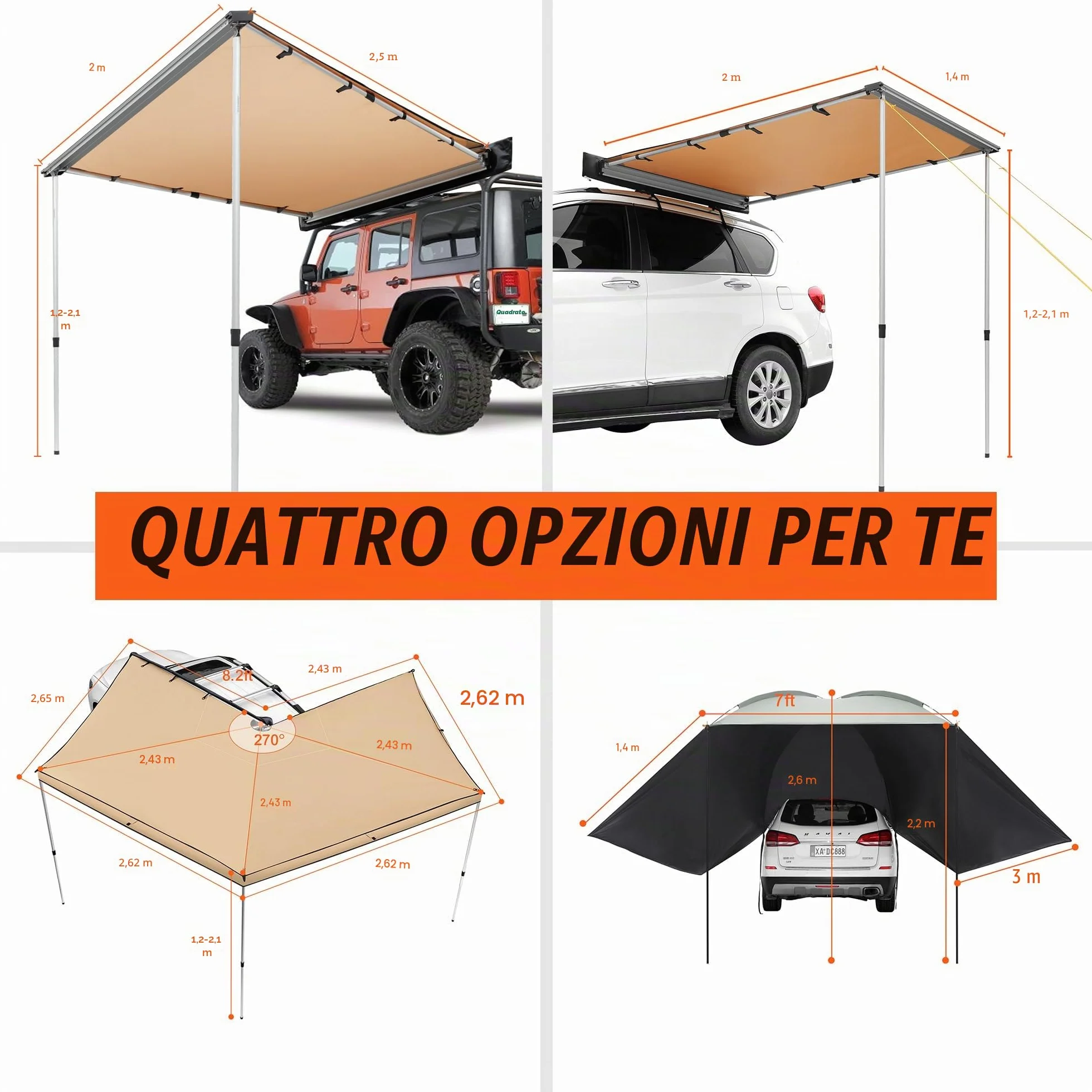 VEVOR Tendalino Laterale Retrattile 2x2,5 m Impermeabile UV50+ PU3000 per Auto Camper SUV