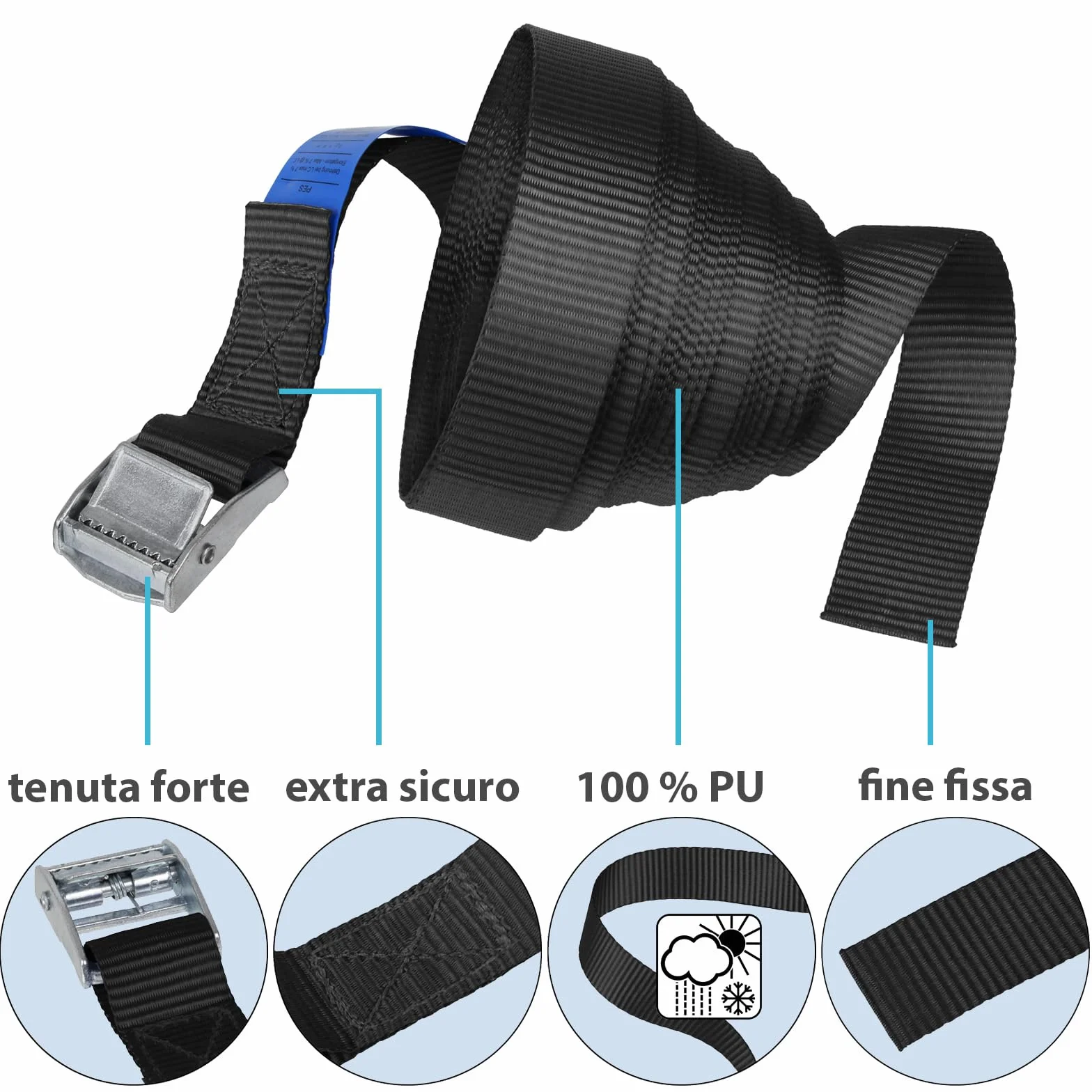Cinghie di tensione con fibbia 250 kg DIN EN 12195-2 4 pezzi 2.5 cm x 1 m Nero