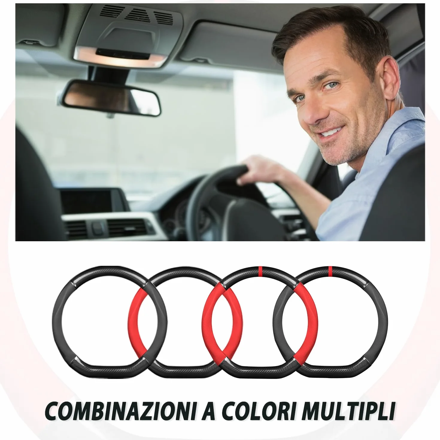 Ergocar Coprivolante Antiscivolo Protezione Volante Auto D-Forma Fibra di Carbonio Pelle PU Universale Diametro 38 Cm (15") Nero