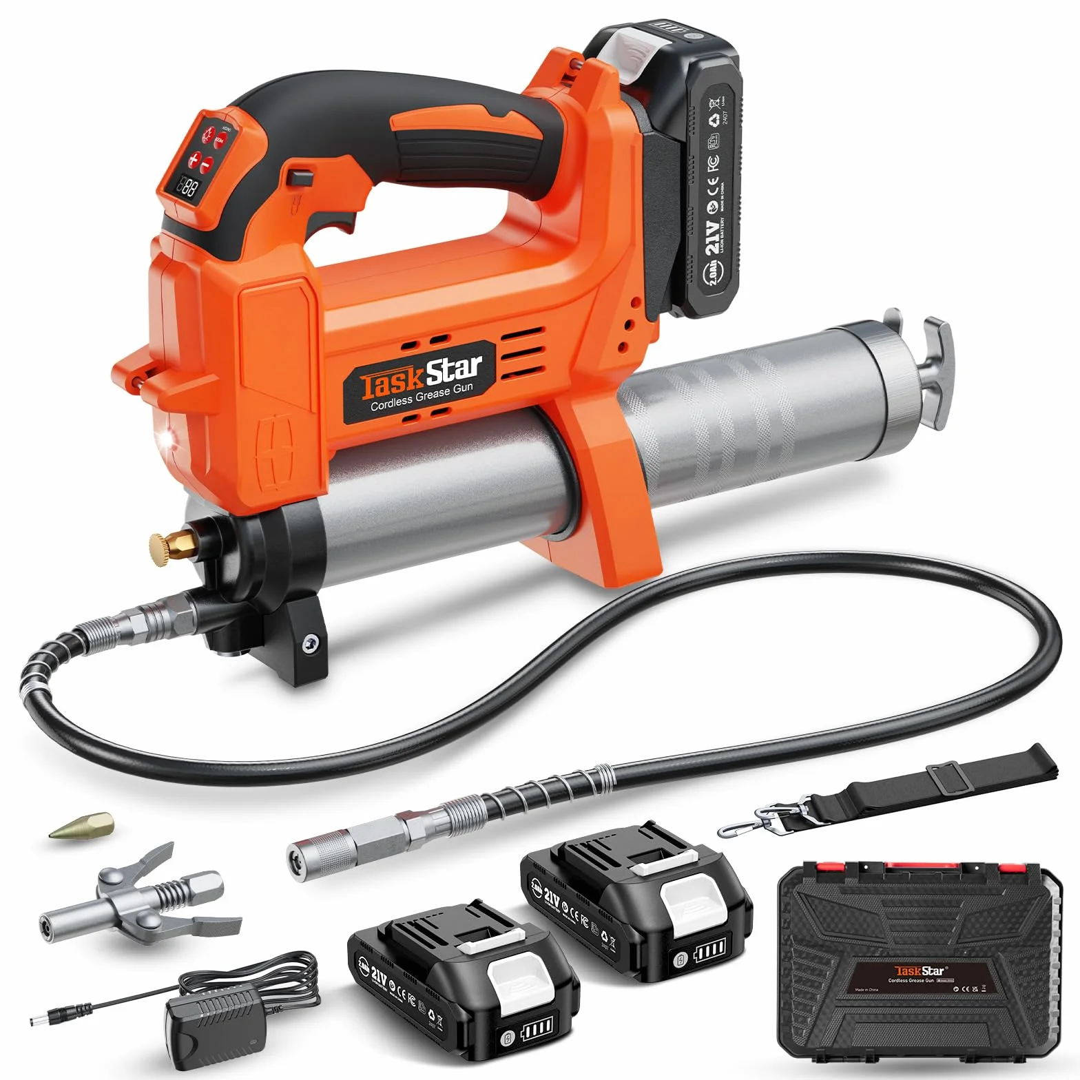 TaskStar Ingrassatore a Batteria da 10000 PSI: Ingrassatore Migliorato con Controllo Automatico del Volume di Grasso, 2 Batterie, 3 Accoppiatori - 4,6 oz/min Efficiente per Trattori, Camion e Macchine