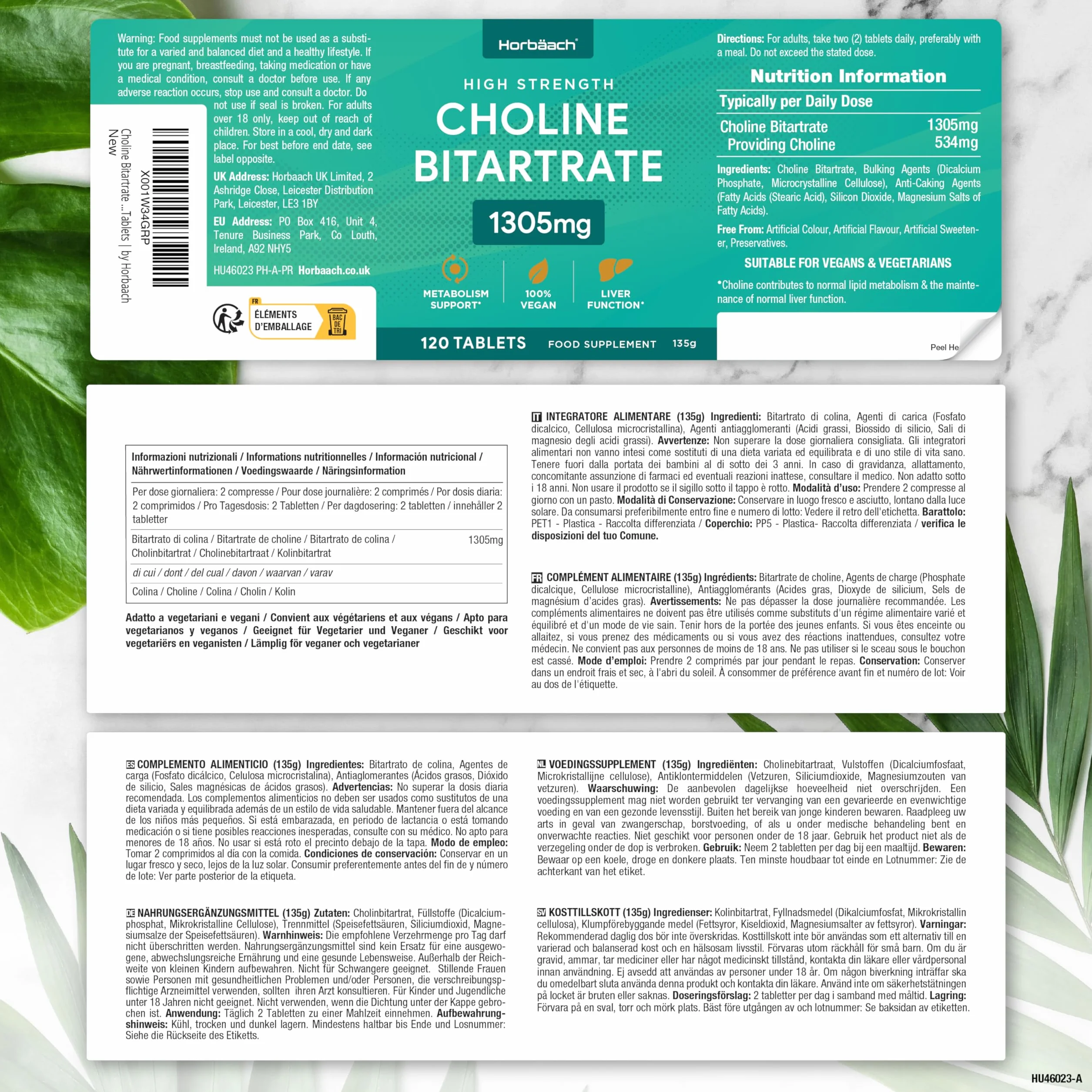 Horbaach Colina Bitartrato 1305mg 120 Compresse Integratore