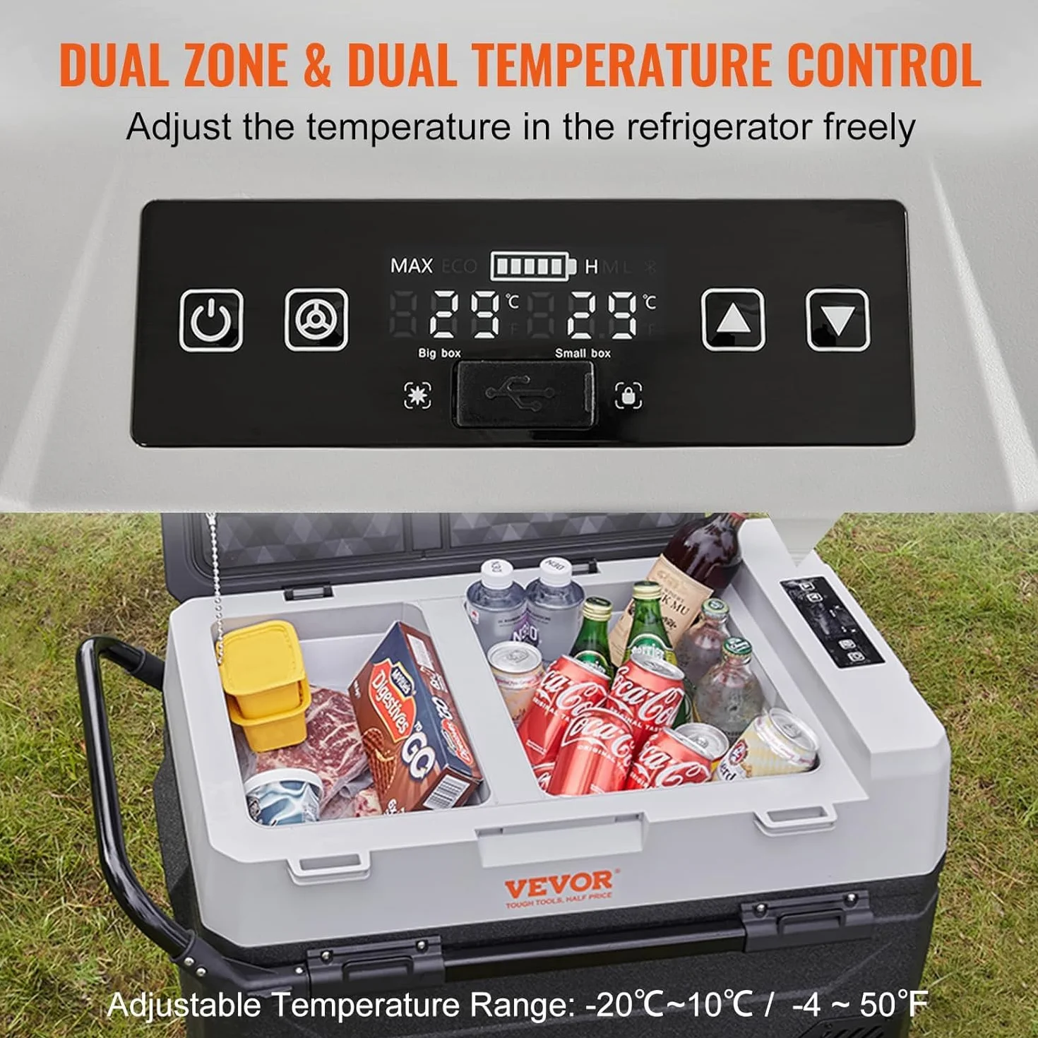 VEVOR Frigo Portatile per Auto, 53 Litri Frigorifero Compressore Congelatore Elettrico CC e CA per Campeggio con Manico Telescopico e Ruote 0,6kW.h da -20°C a 10°C Regolabile per Auto Camion Barca