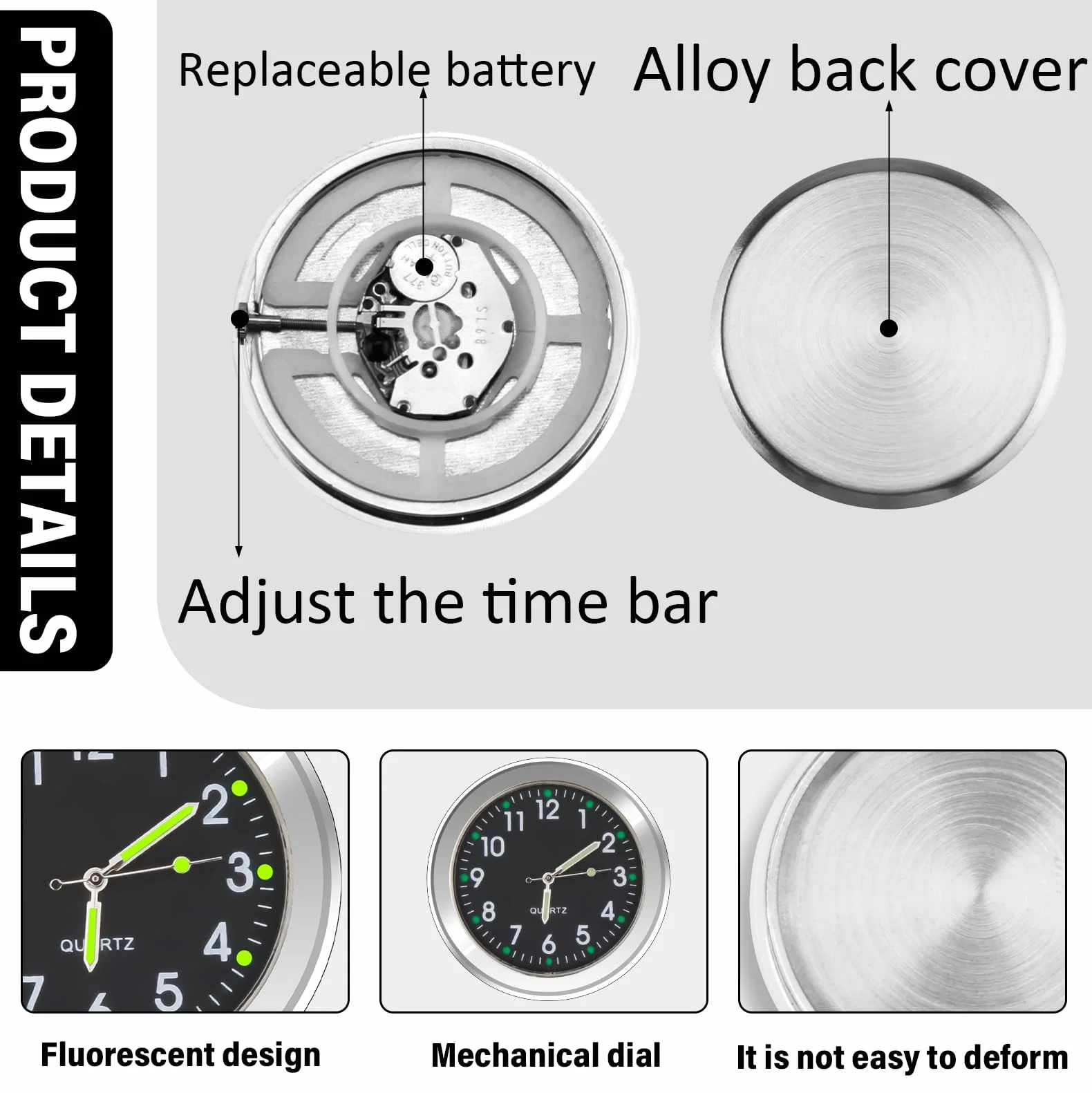 Orologio Universale Luminoso al Quarzo con Clip per Bocchetta dell'Aria e Adesivo per Decorazione Interni per Auto (Nero)