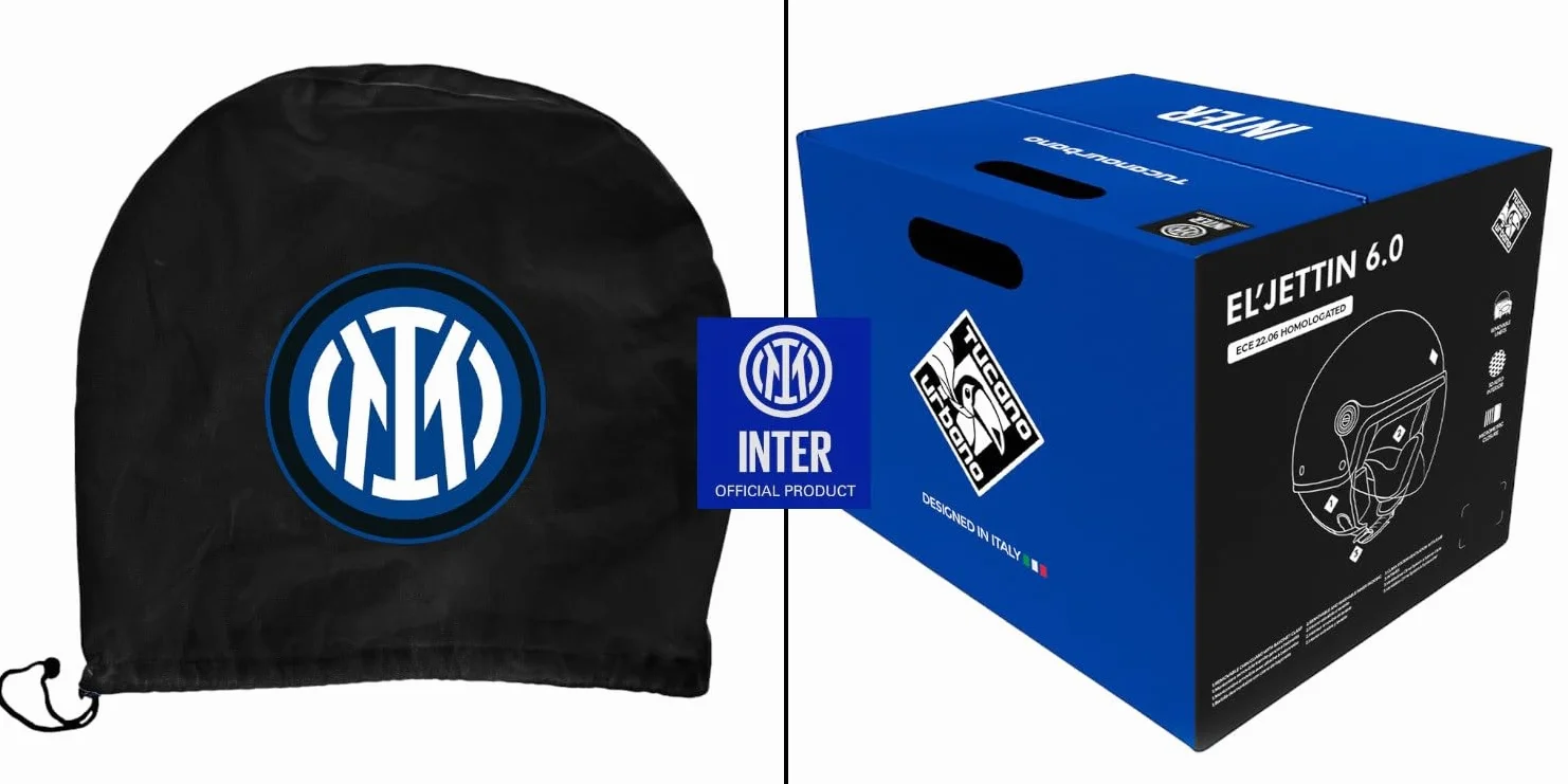 Tucano Urbano casco demi jet unisex EL'JETTIN INTER. Casco moto in policarbonato con grafica originale Inter FC. Casco estate inverno omologato ECE 22.06. Prodotto con Licenza Ufficiale.