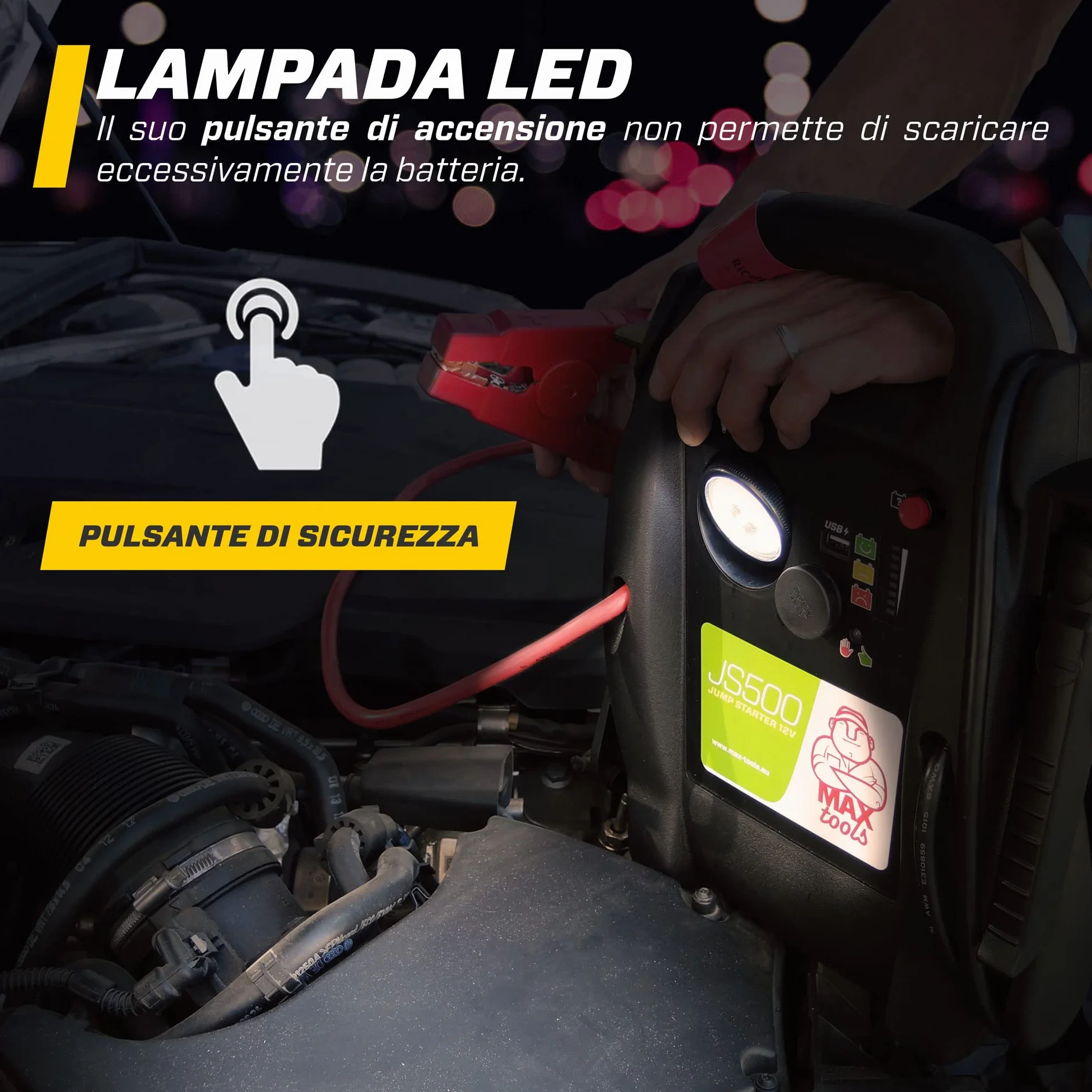 MAXTOOLS JS500 2200 A 22 Ah, Avviatore di Emergenza per Auto e Furgoni, Motori 12V Diesel e Benzina, Jump Starter, con Torcia LED, Porta USB e Cavi di Avviamento