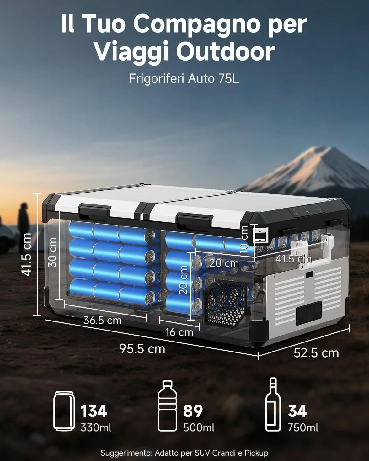 AAOBOSI Frigo Portatile Doppia Zona 75L, Scocca Acciaio Inox & Interno in Alluminio Stampato, 12/24V & 100-240V, Frigo Da Campeggio APP Controllo,Frigorifero Per Auto, Camper，Nautica. Contenitore