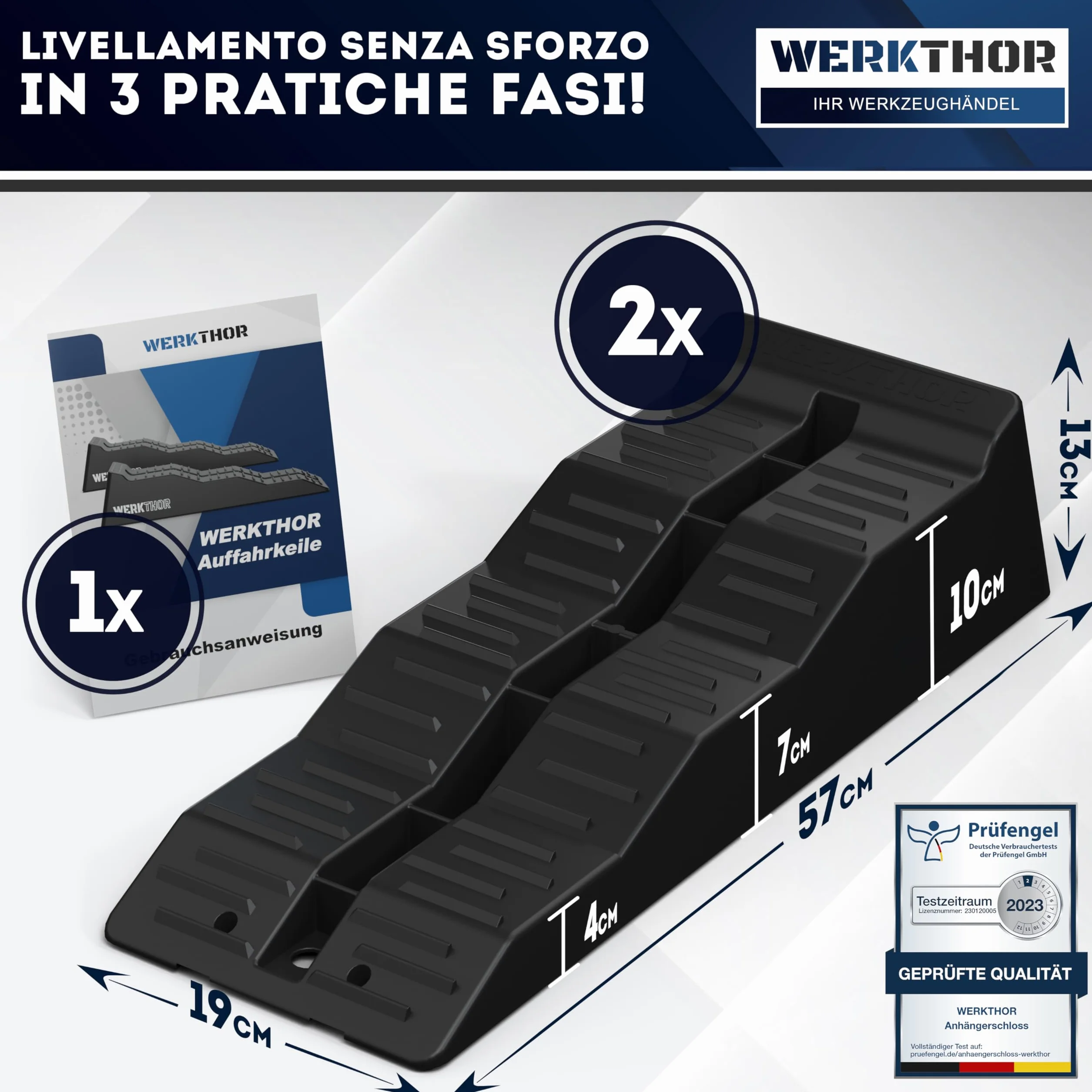 WERKTHOR Cunei per Camper [Nero Set 2 Pezzi] | Cunei Livellatori Camper fino 5T per Roulotte Van | Pedane Auto Sollevamento Resistenti Antiscivolo Ogni Superficie