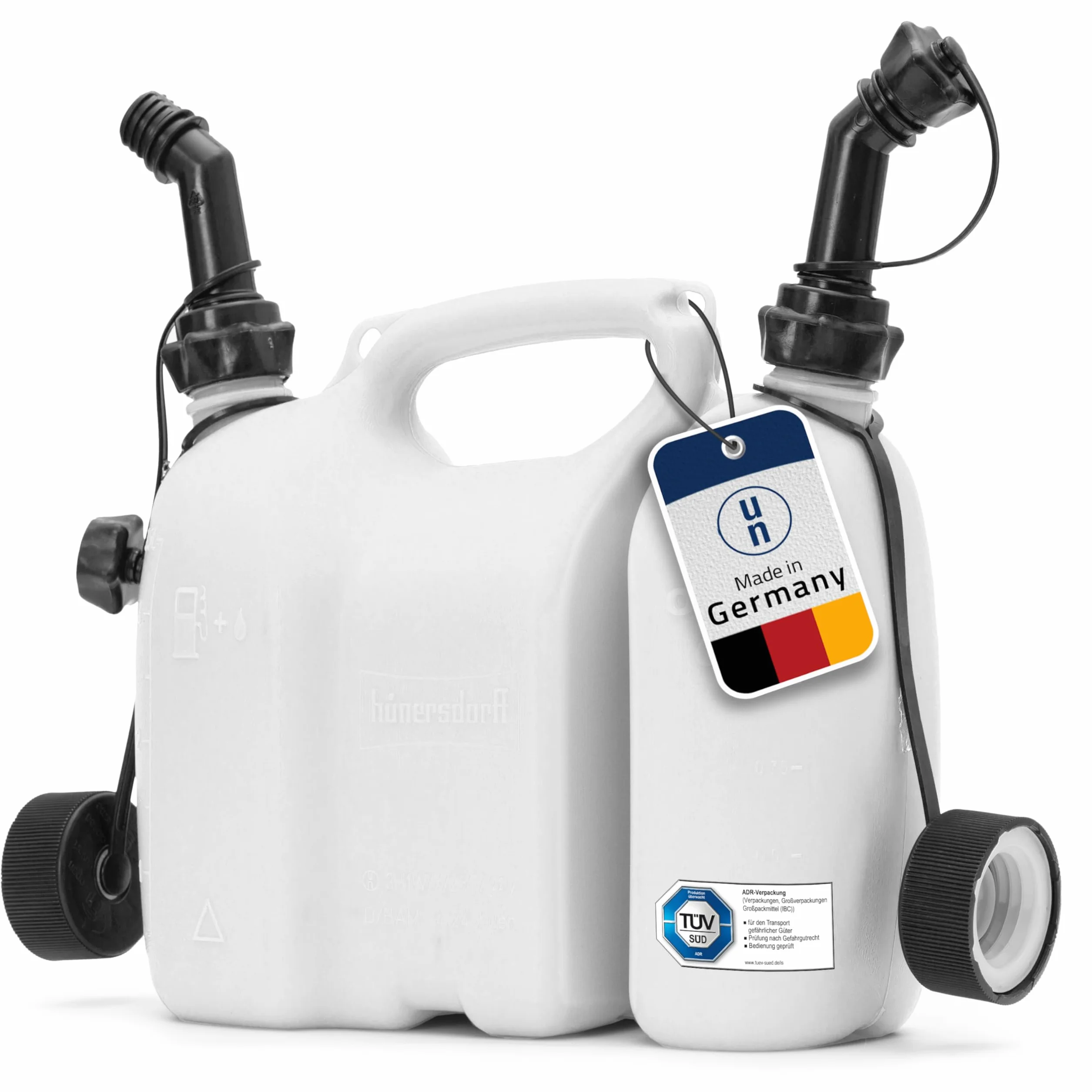 hünersdorff Bidoni combinati per carburante ed olio 3+1,5 litri UN omologazione Made in Germany bianco