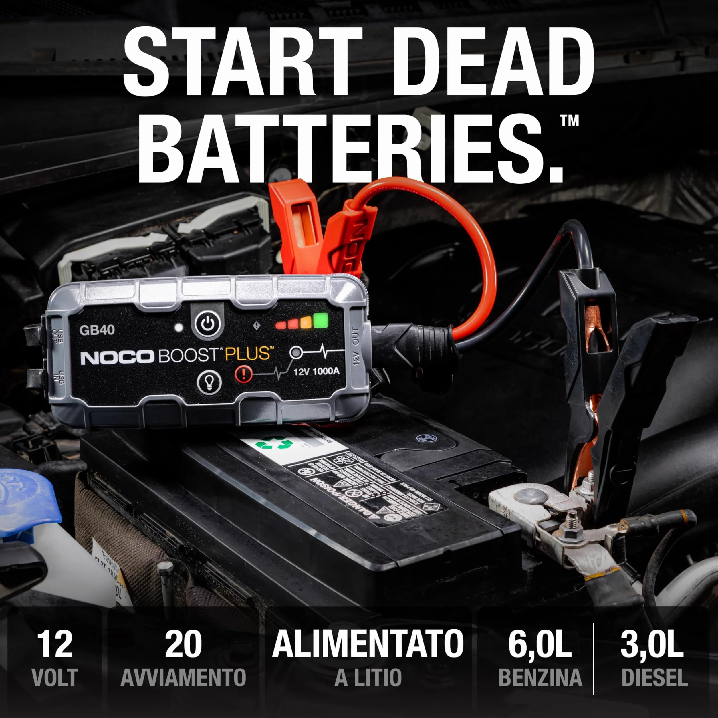 NOCO Boost GB40: Avviatore di Emergenza UltraSafe 1000A – Booster Batteria al Litio 12V, Caricabatteria Portatile Power Bank e Cavi Avviamento – Per Motori Benzina fino a 6.0L e Diesel fino a 3.0L