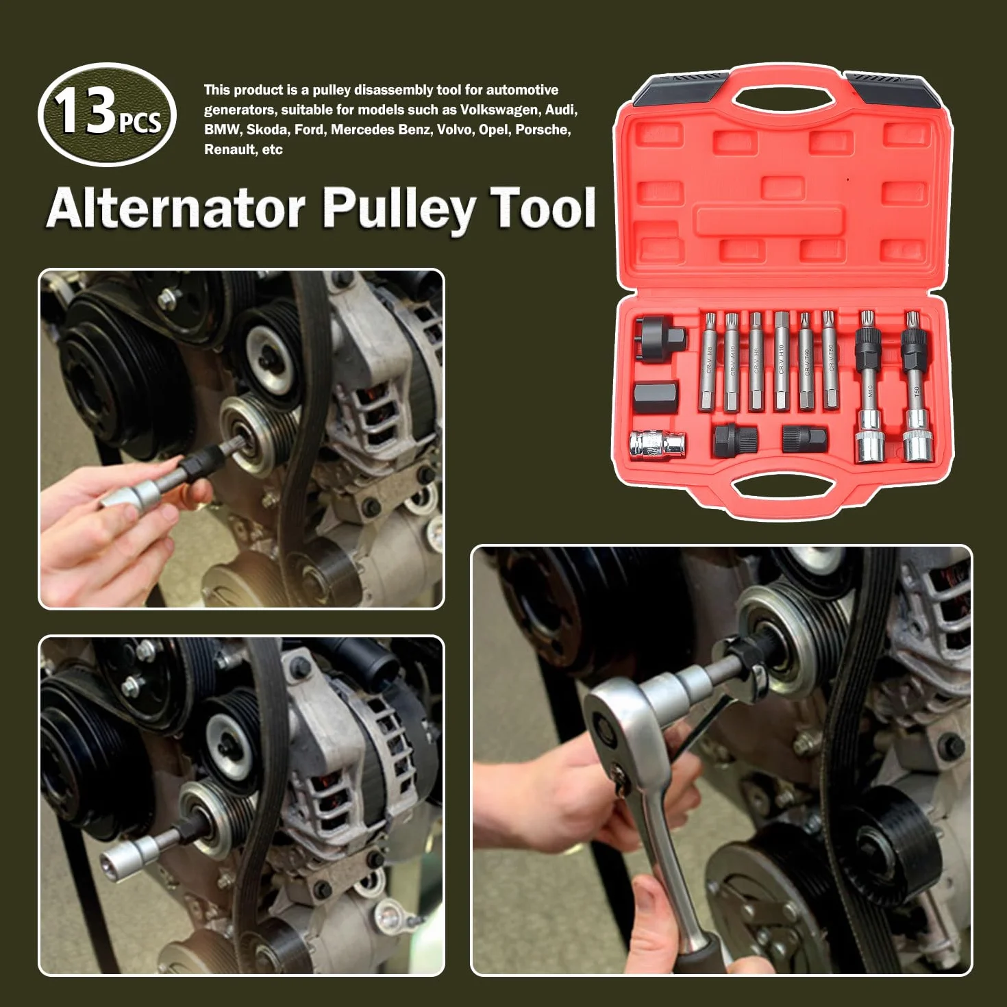 13 pezzi Kit di strumenti per la rimozione della puleggia dell'alternatore Strumento per la rimozione della puleggia dell'alternatore Strumenti per l'estrattore di disaccoppiamento