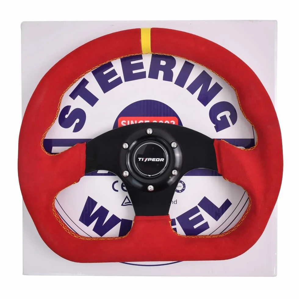 Volante da corsa a forma di D per go-kart, 320 mm (12,6"), in pelle scamosciata nera con cuciture blu, per auto sportive, drifting e simulatori di guida.