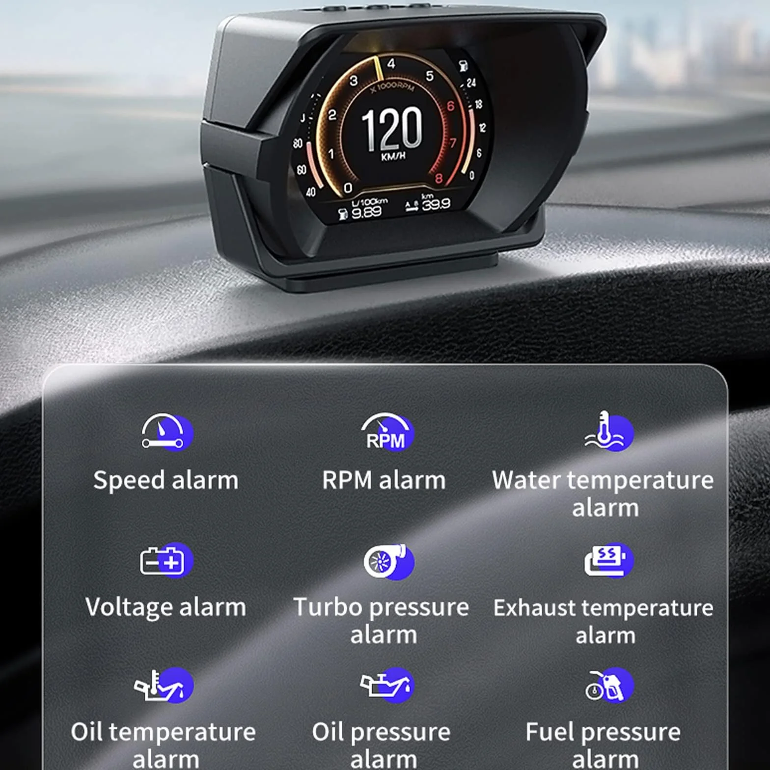 Heads up Display Car, Visualizzazione di una varietà di dati dell'automobile, Gradiente delle condizioni dell'automobile, Tachimetro, Applicabile a tutte le auto