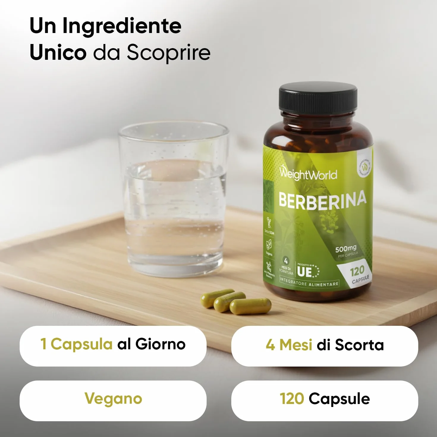Berberina Vegana 500 mg Pura 85% Integratore 120 Capsule Berberis Aristata Senza Magnesio Stearato Prodotto in Europa