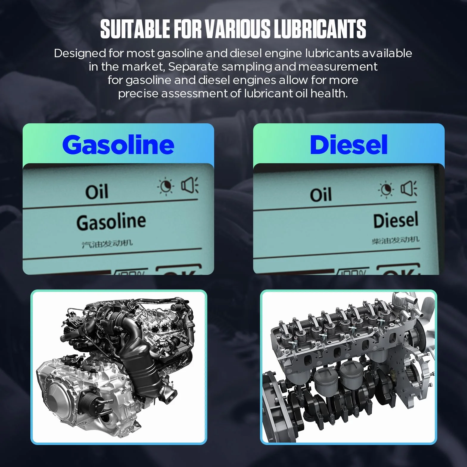 AS503 Kit tester olio motore, kit di test di qualità per olio motore benzina e diesel, rilevatore di trasmissione e temperatura con sonda flessibile da 31,5 pollici, display retroilluminato da 2,8