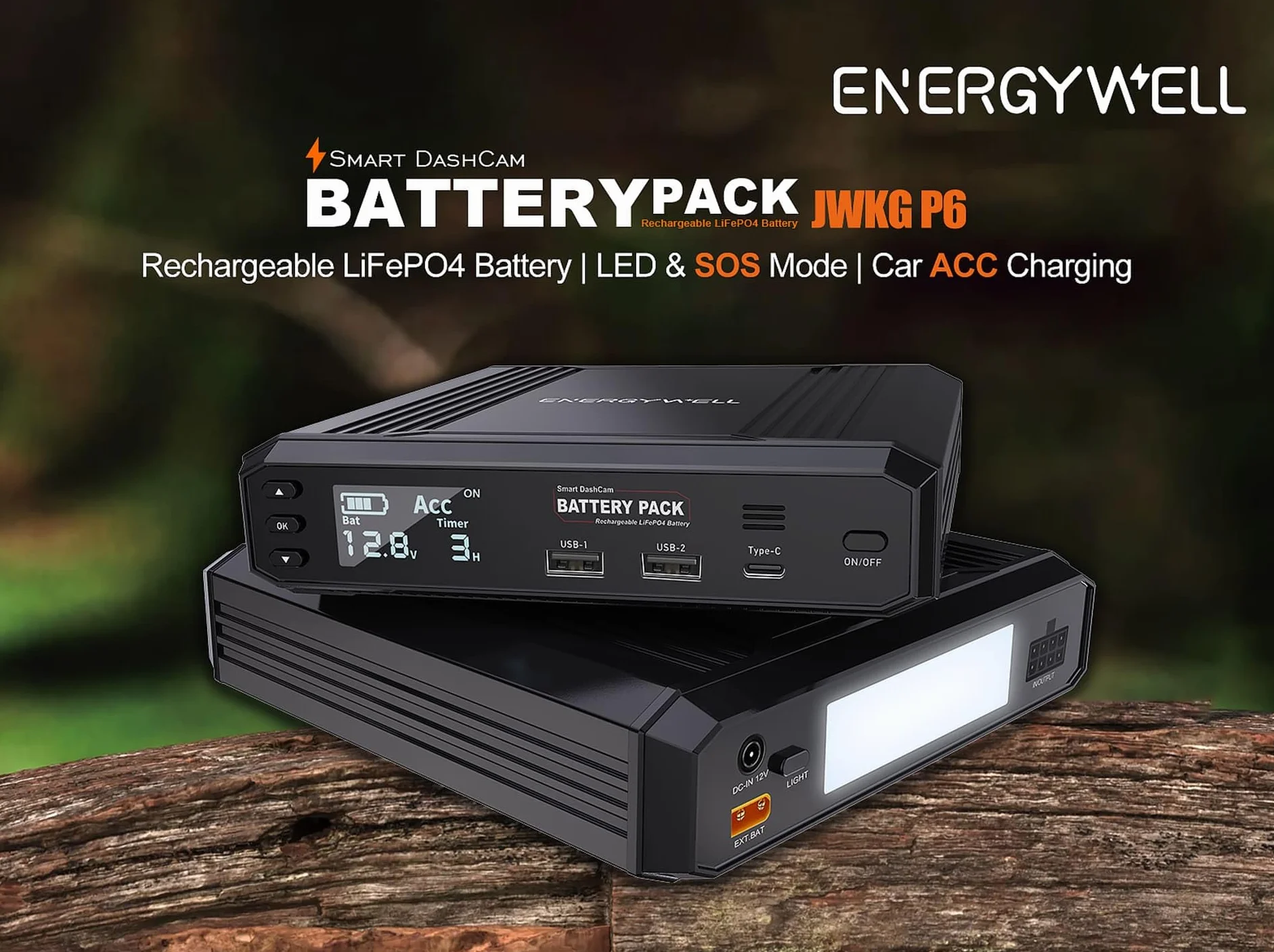 Batteria esterna EnergyWell P6 8000 mAh Dashcam USB x 2 USB C LCD Screen