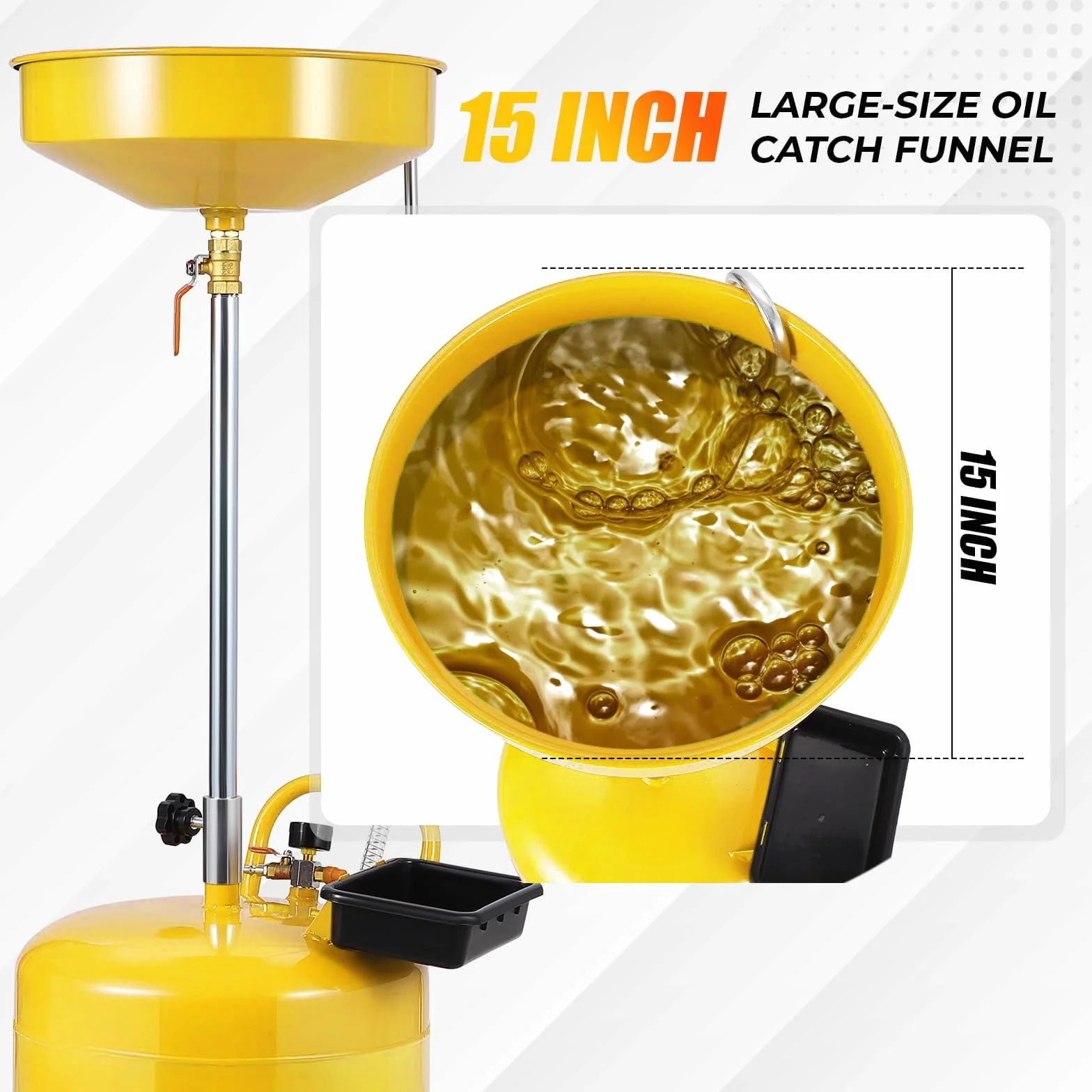 Serbatoio Raccolta Olio esausto 30L per Officina e Garage - Portatile con Ruote - Funzionamento Pneumatico - Altezza Regolabile 71-157cm - Imbuto Largo - Giallo