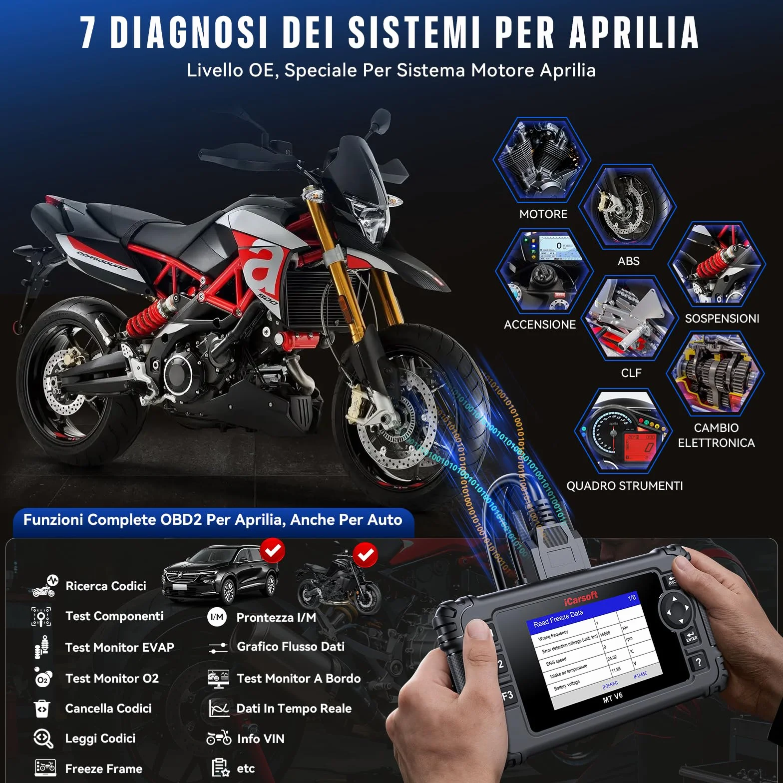 iCarsoft MT V6 Diagnostico per moto Aprilia, 88 servizi di manutenzione, 123 test bidirezionali