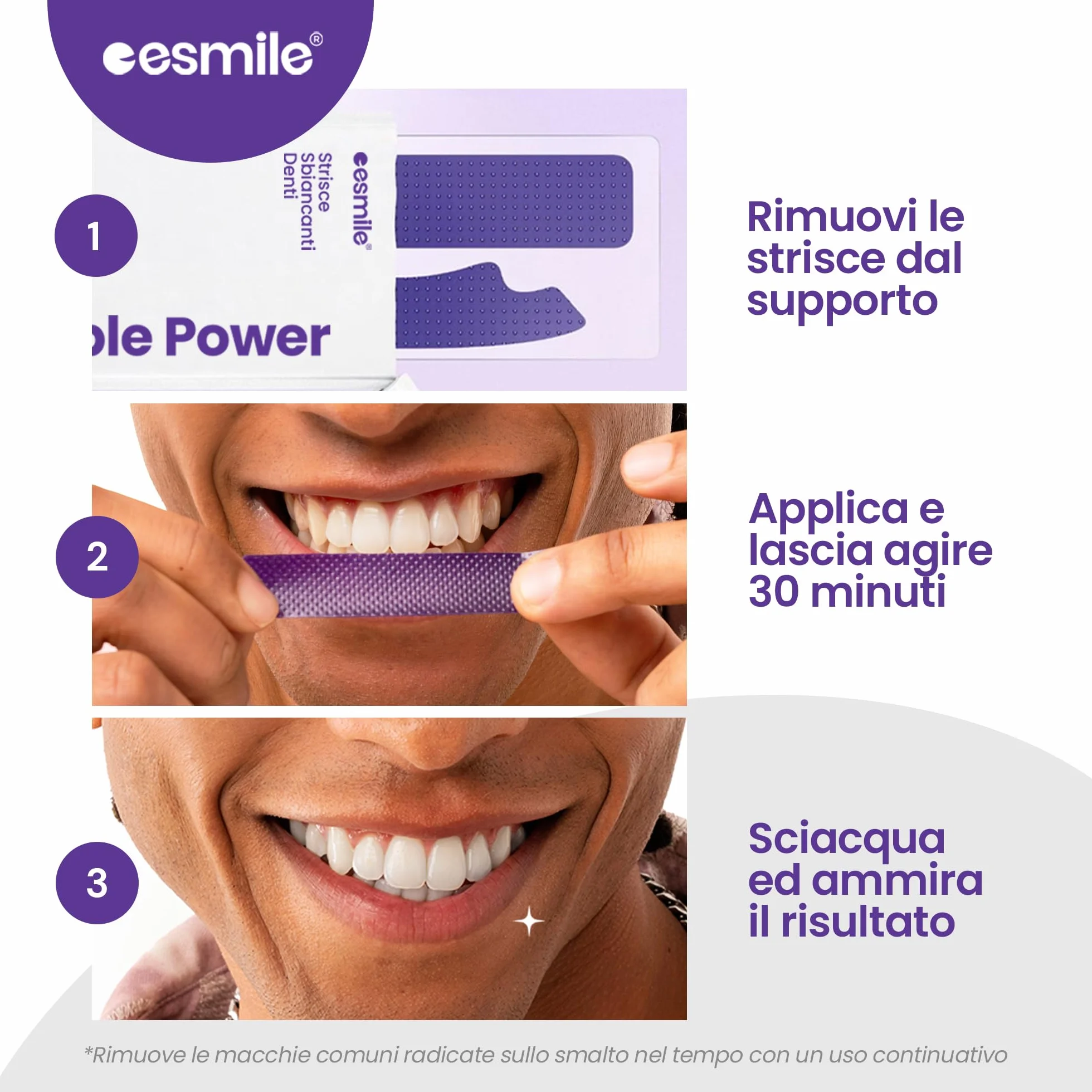 ESMILE 42 Strisce Sbiancanti Denti Professionali Viola - Sbiancamento Denti Rapido a Casa per Macchie da Caffè, Vino, Fumo