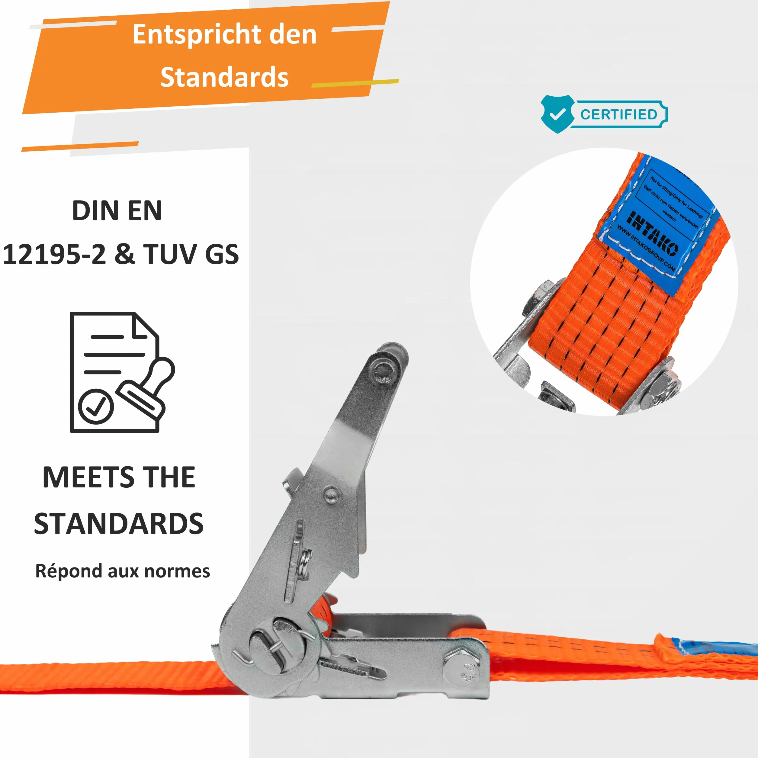 INTAKO Cinghie a Cricchetto 2000kg 35mm Set 4 Pezzi 6m EN 12195-2 TÜV GS