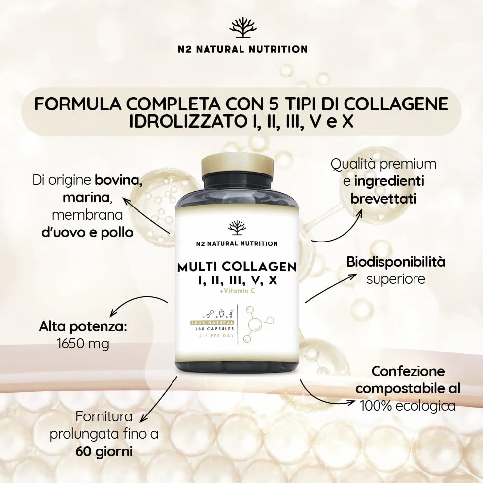 N2 Natural Nutrition Multi Collagene Idrolizzato 1650mg Peptidi di Collagene Marino e Bovino Tipo 1 2 3 5 10 Integratore Articolazioni Pelle Ossa Vitamina C 180 Capsule