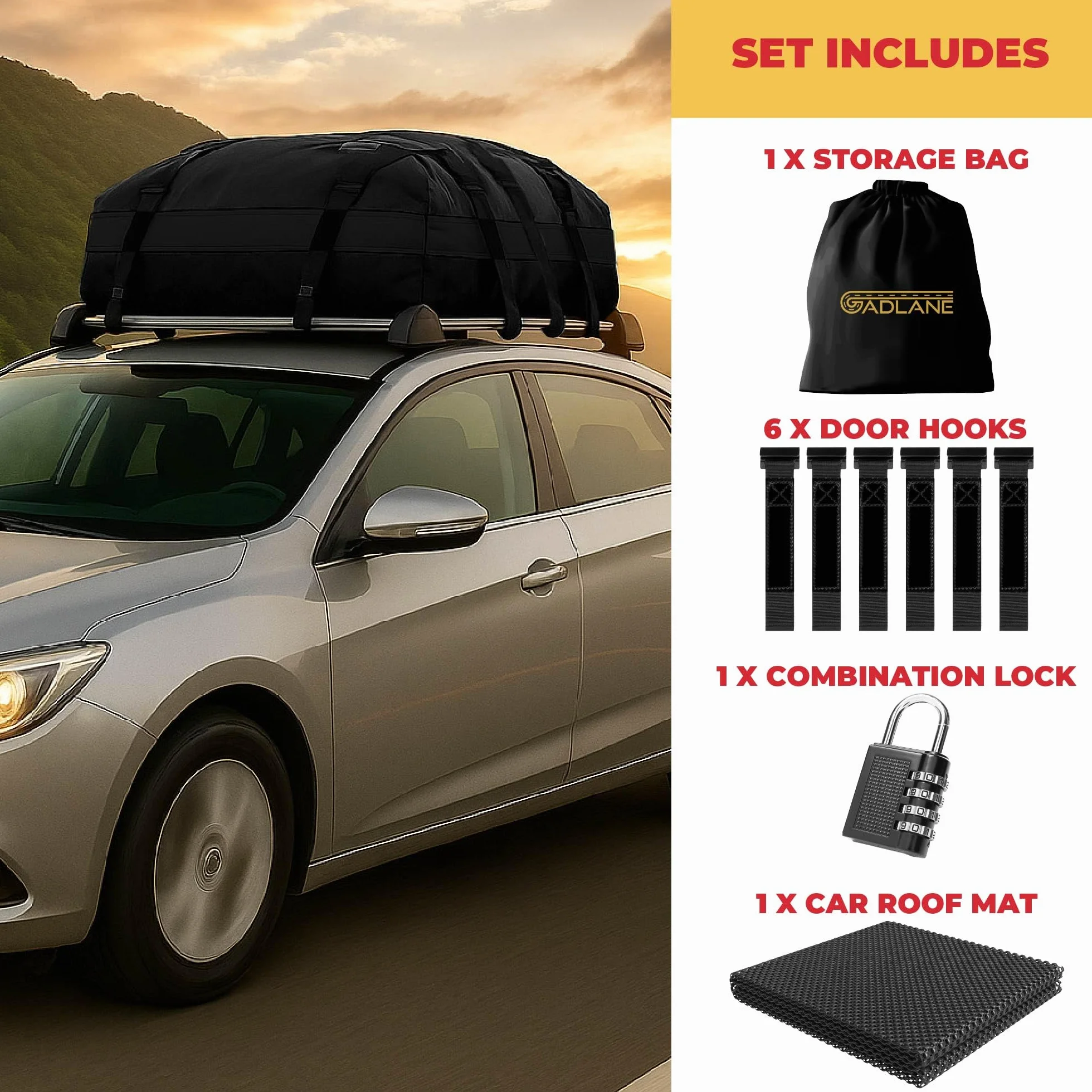 Borsa da Tetto per Auto - 552L Box da Tetto Impermeabile per Auto con/senza Portapacchi, con Tappetino Antiscivolo, 6 Cinghie Robuste, Lucchetto a Combinazione, Borsa Portaoggetti (Nero)
