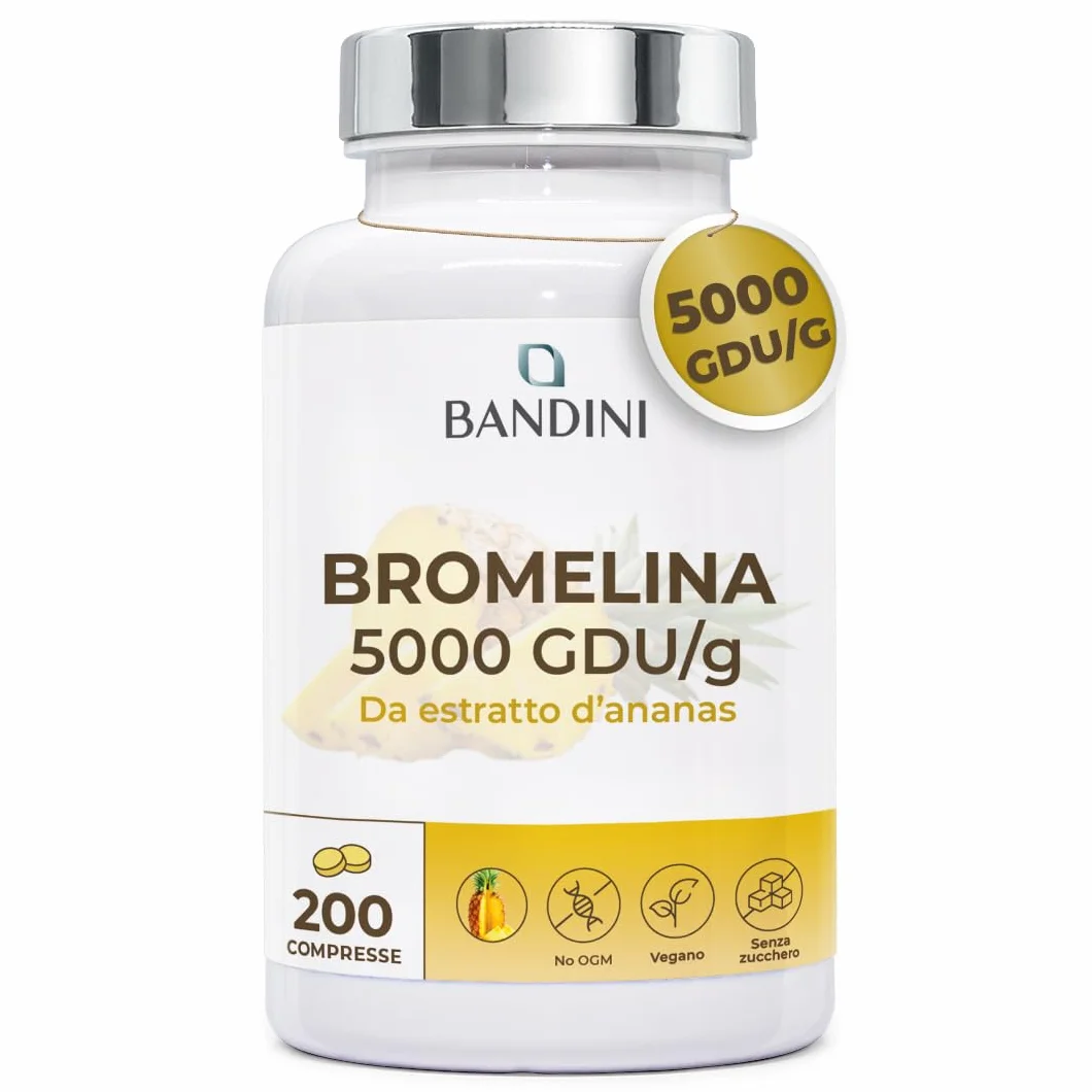 Bandini Bromelina Forte 5000 GDU/g Gastroprotetta 200 Compresse, Enzima Digestivo, Estratto di Ananas, Bromelina Strong, Pura, Alto Dosaggio, Vegano